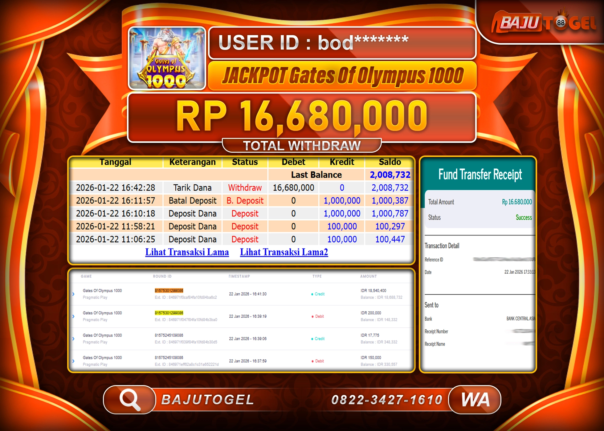 BAJUTOGEL KEMENANGAN JACKPOT DI GATES OF OLYMPUS 1000 Rp.16,680,000 LUNAS