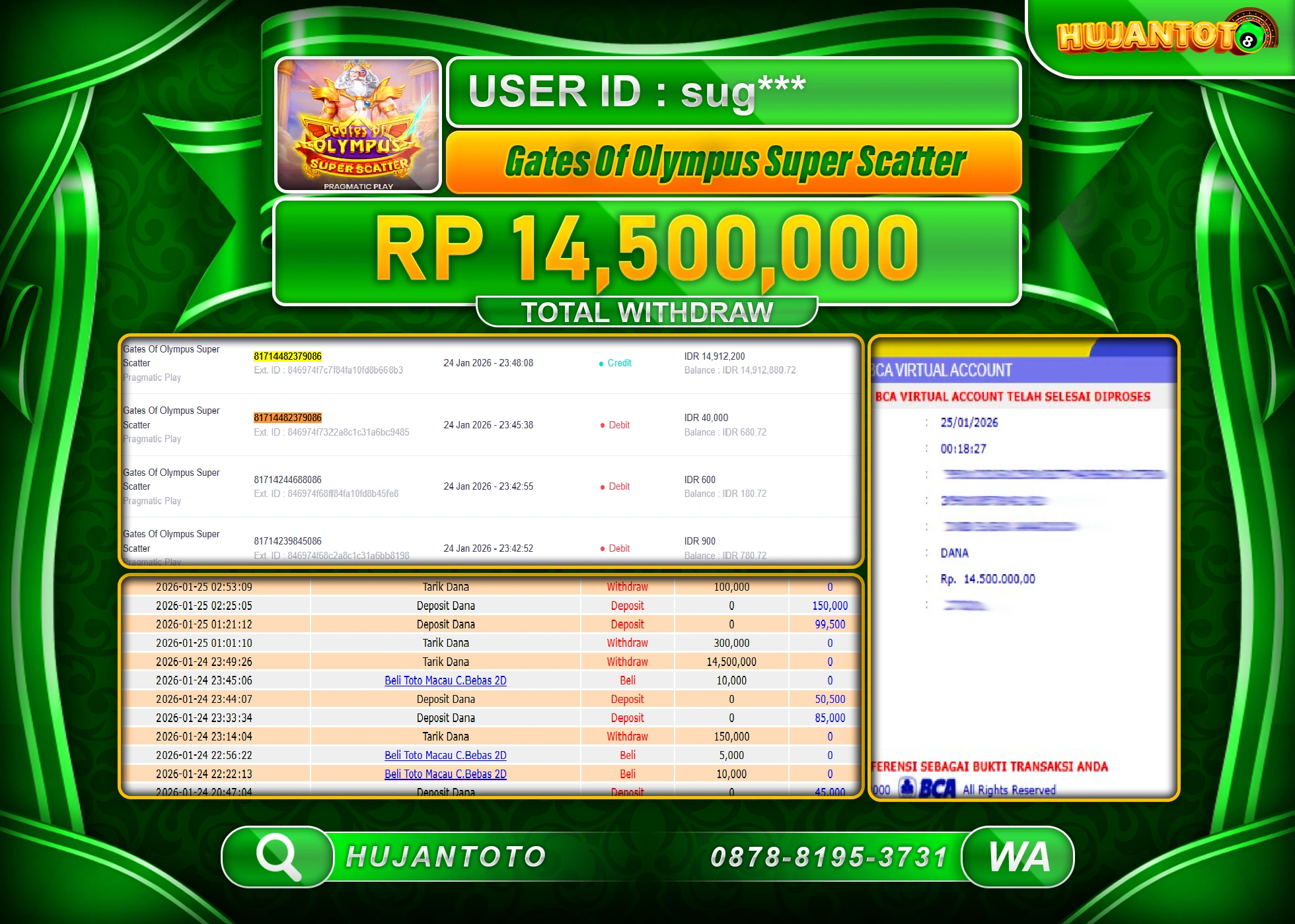 HUJANTOTO - BUKTI JACKPOT MENANG SLOT GATES OF OLYMPUS SUPER SCATTER Rp.14,500,000 - TERBAYAR LUNAS