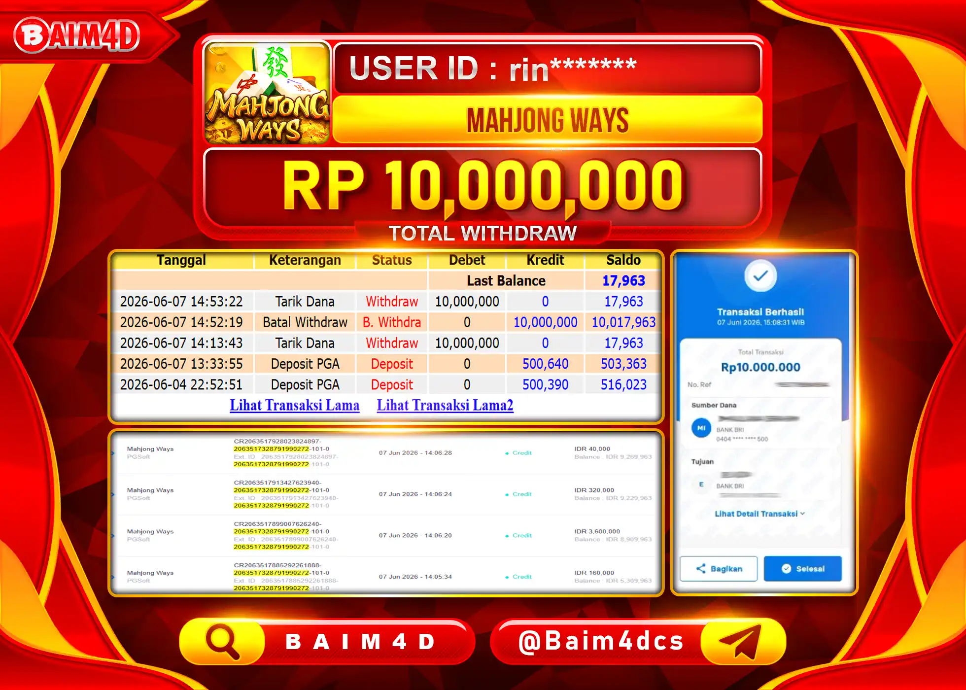 BAIM4D JACKPOT SLOT MAHJONG WAYS PGSOFT Rp.10,000,000 - LUNAS