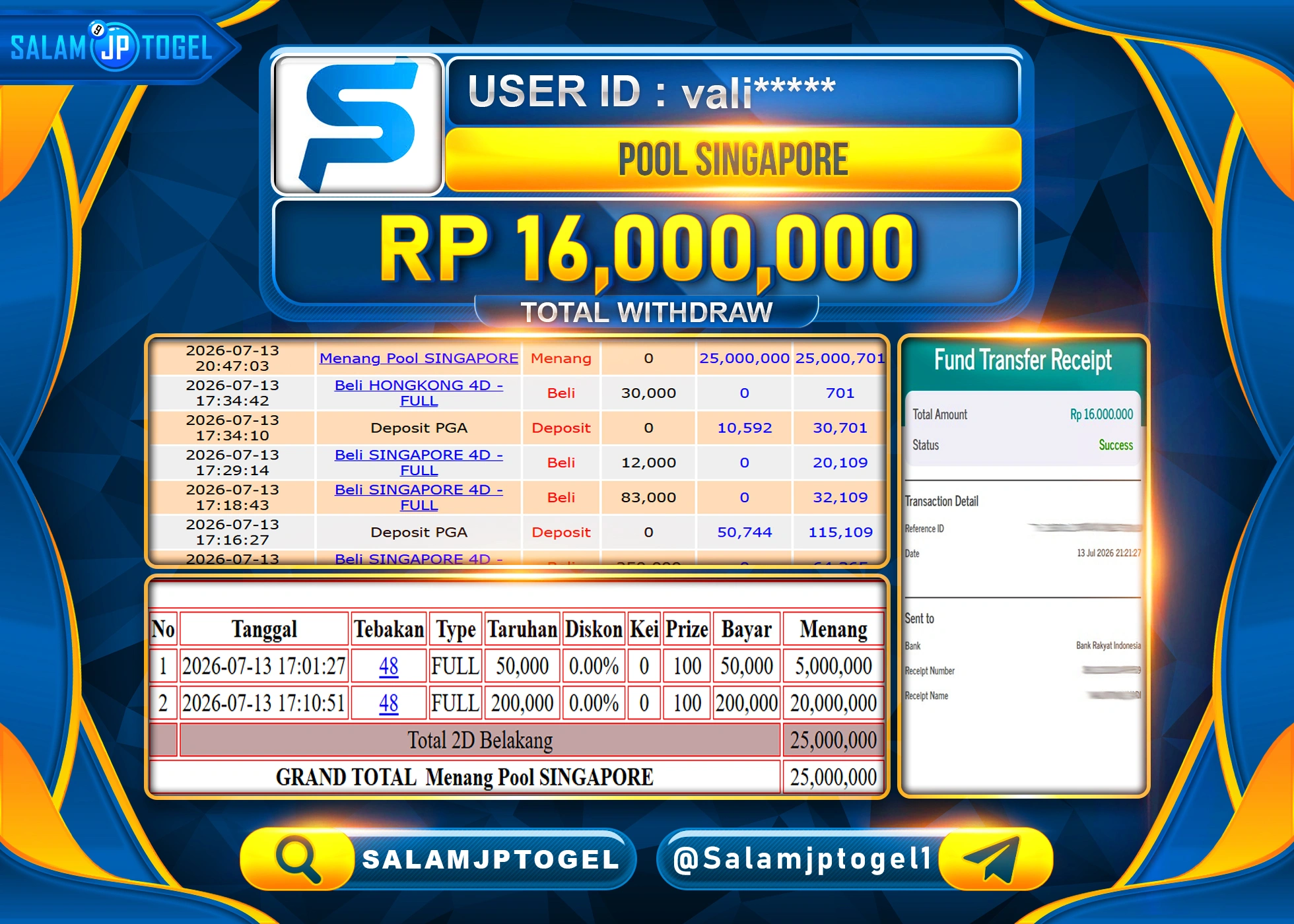 SALAMJPTOGEL JACKPOT MENANG TOGEL SINGAPORE POOLS Rp.16,000,000 - LUNAS