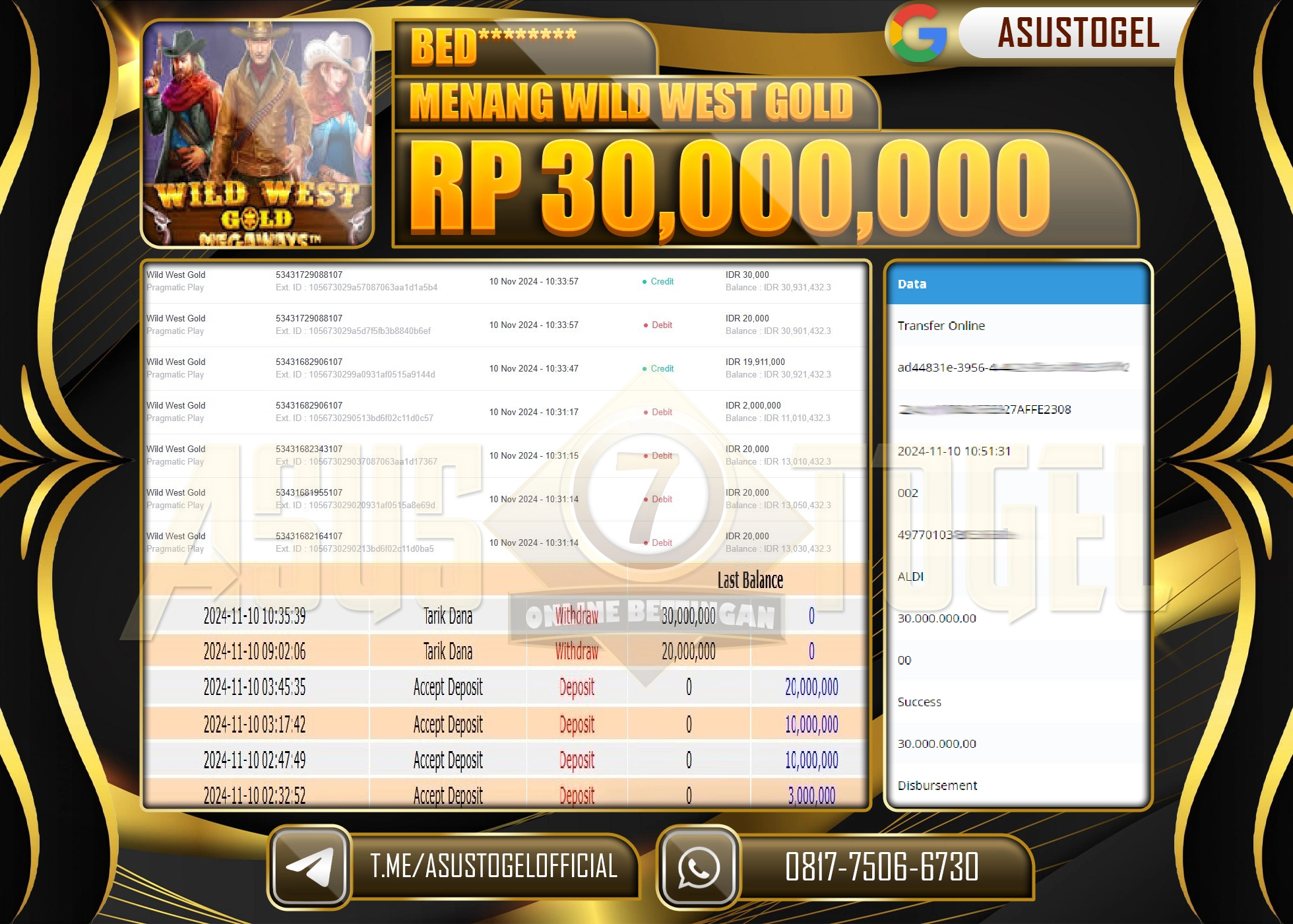 ASUSTOGEL KEMENANGAN DI SLOT WILD WEST GOLD SEBESAR 30,000,000- RUPIAH LUNAS