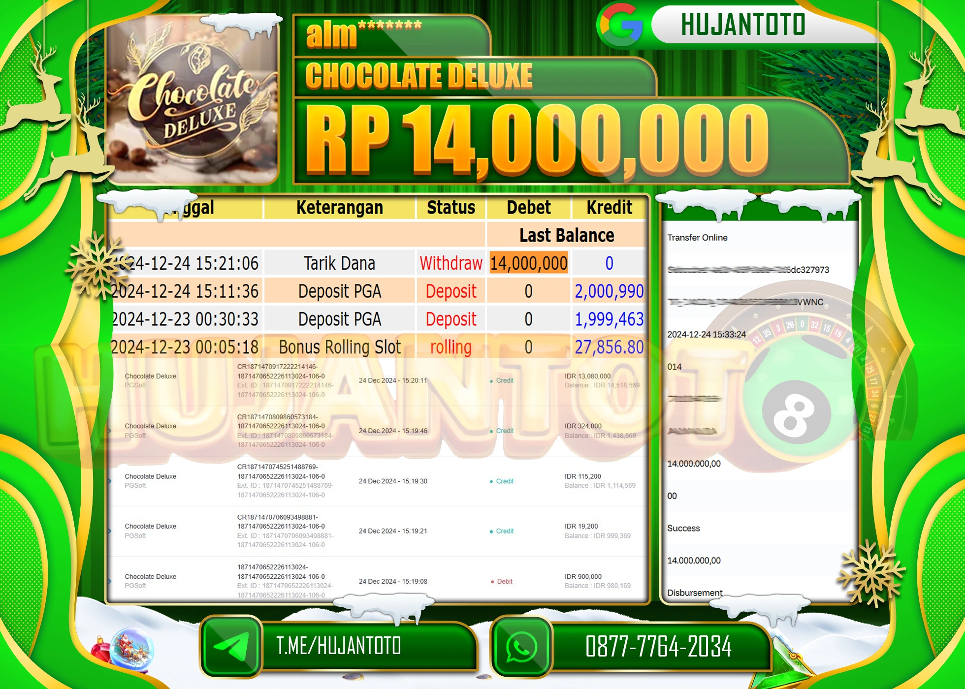 HUJANTOTO SELAMAT ATAS KEMENANGAN YANG DI RAIH DI PERMAINAN CHOCOLATE DELUXE SEBESAR - 14,000,000 - TERBAYAR LUNAS