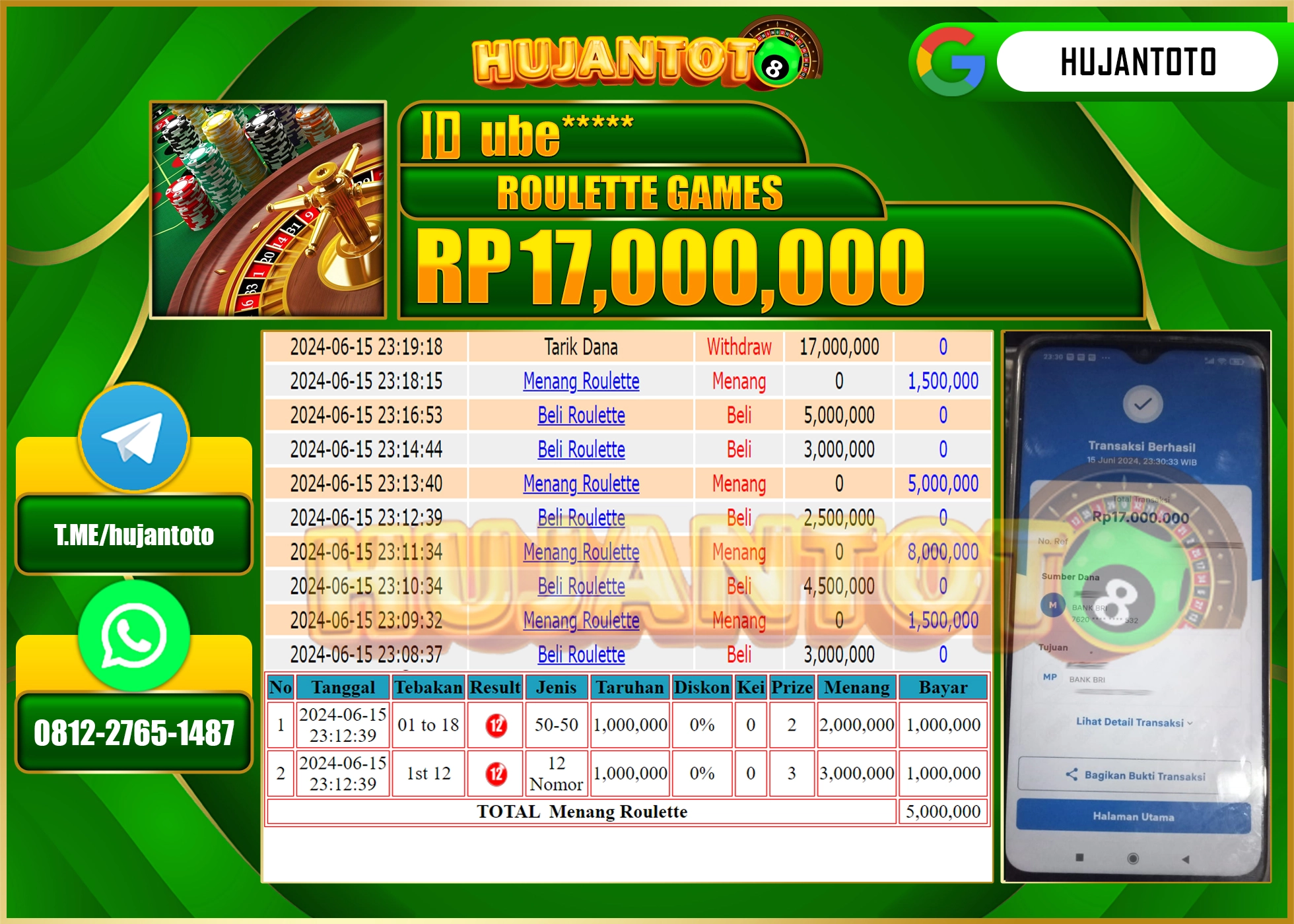 HUJANTOTO MENANG DI ROULETTE GAMES 17.000.000 - LUNAS 