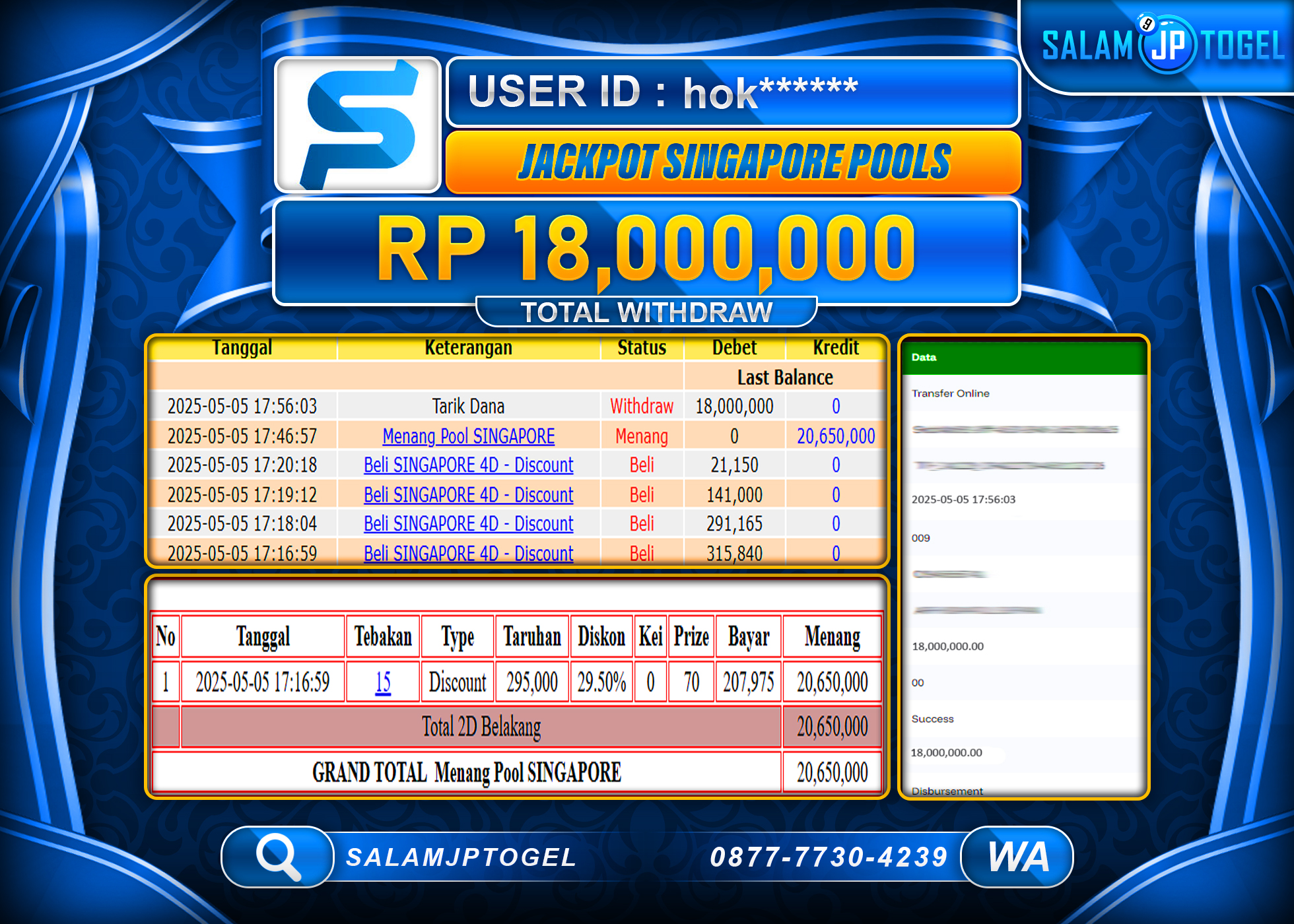 SALAMJPTOGEL MENANG SINGAPORE POOLS Rp.18,000,000 LUNAS