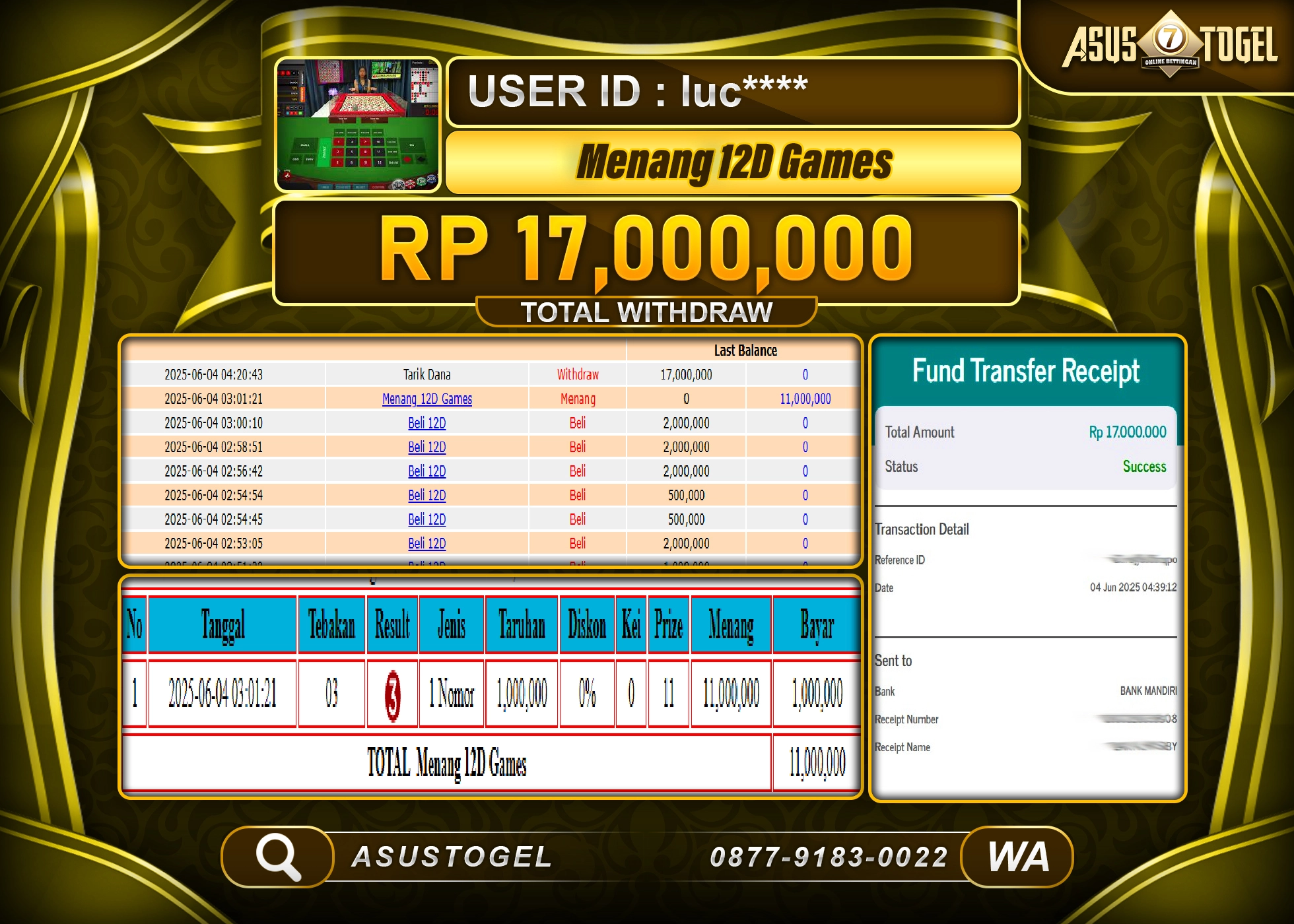   ASUSTOGEL KEMENANGAN DI PERMAINAN LIVE GAME 12D SEBESAR 17,000,000- RUPIAH LUNAS