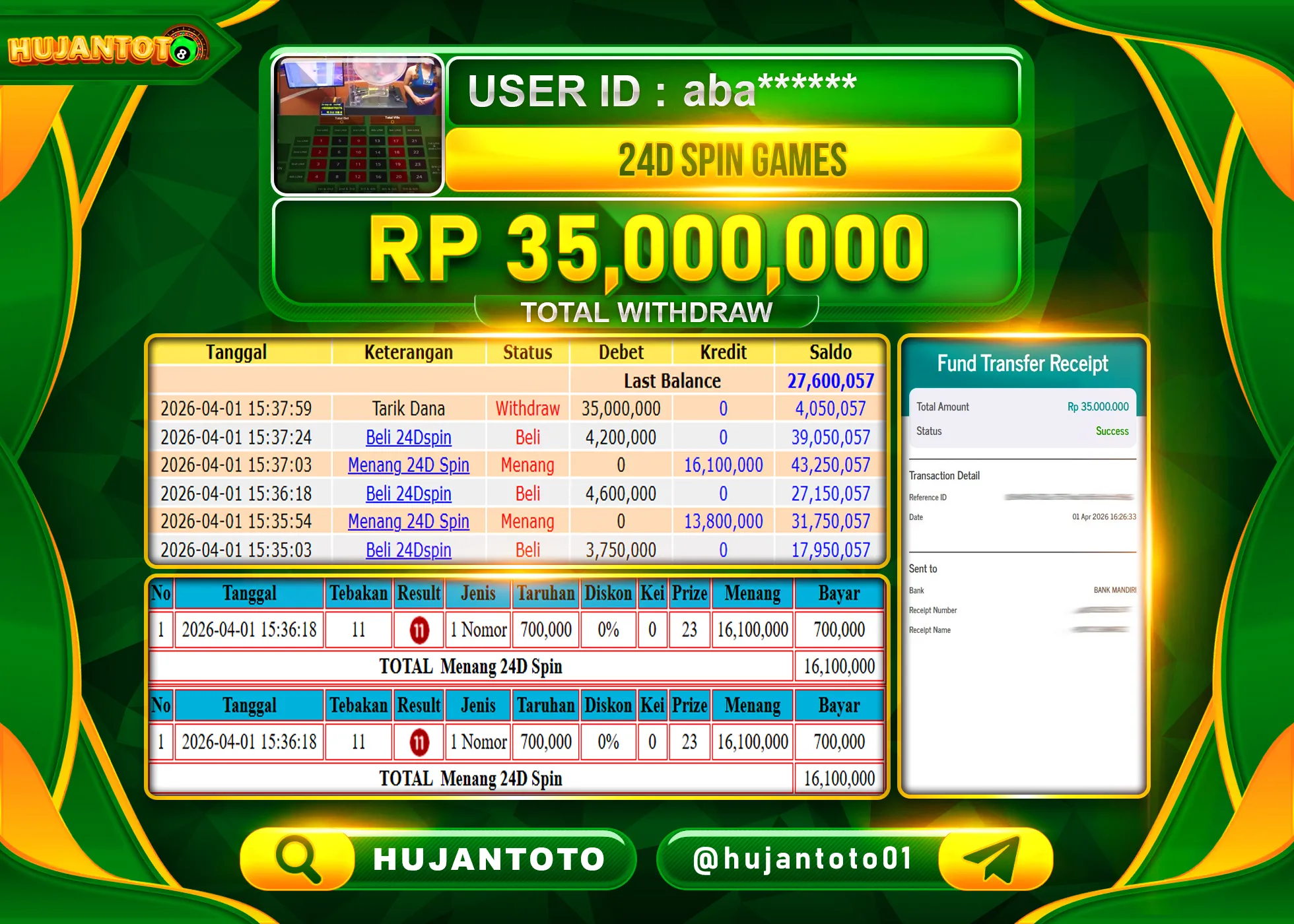 HUJANTOTO - BUKTI JACKPOT MENANG LIVEGAMES 24D SPIN Rp.35,000,000 - TERBAYAR LUNAS