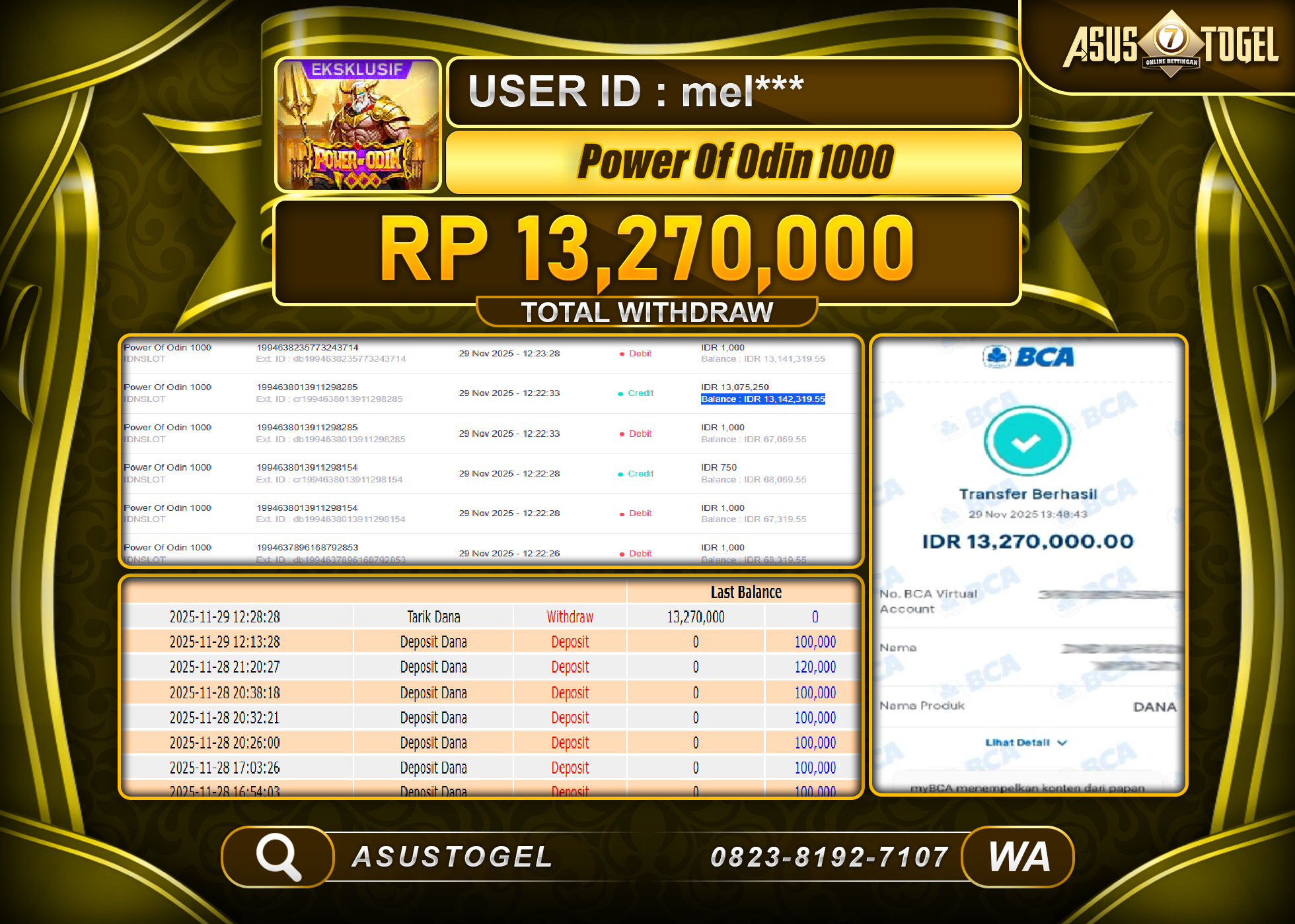 ASUSTOGEL KEMENANGAN DI SLOT POWER OF ODIN 1000 SEBESAR 13,270,000 - RUPIAH LUNAS