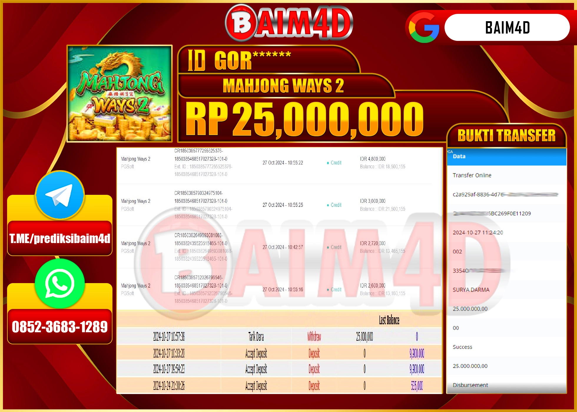 BAIM4D JACKPOT PG SOFT MAHJONG WAYS 2  Rp.25.000,000.- LUNAS