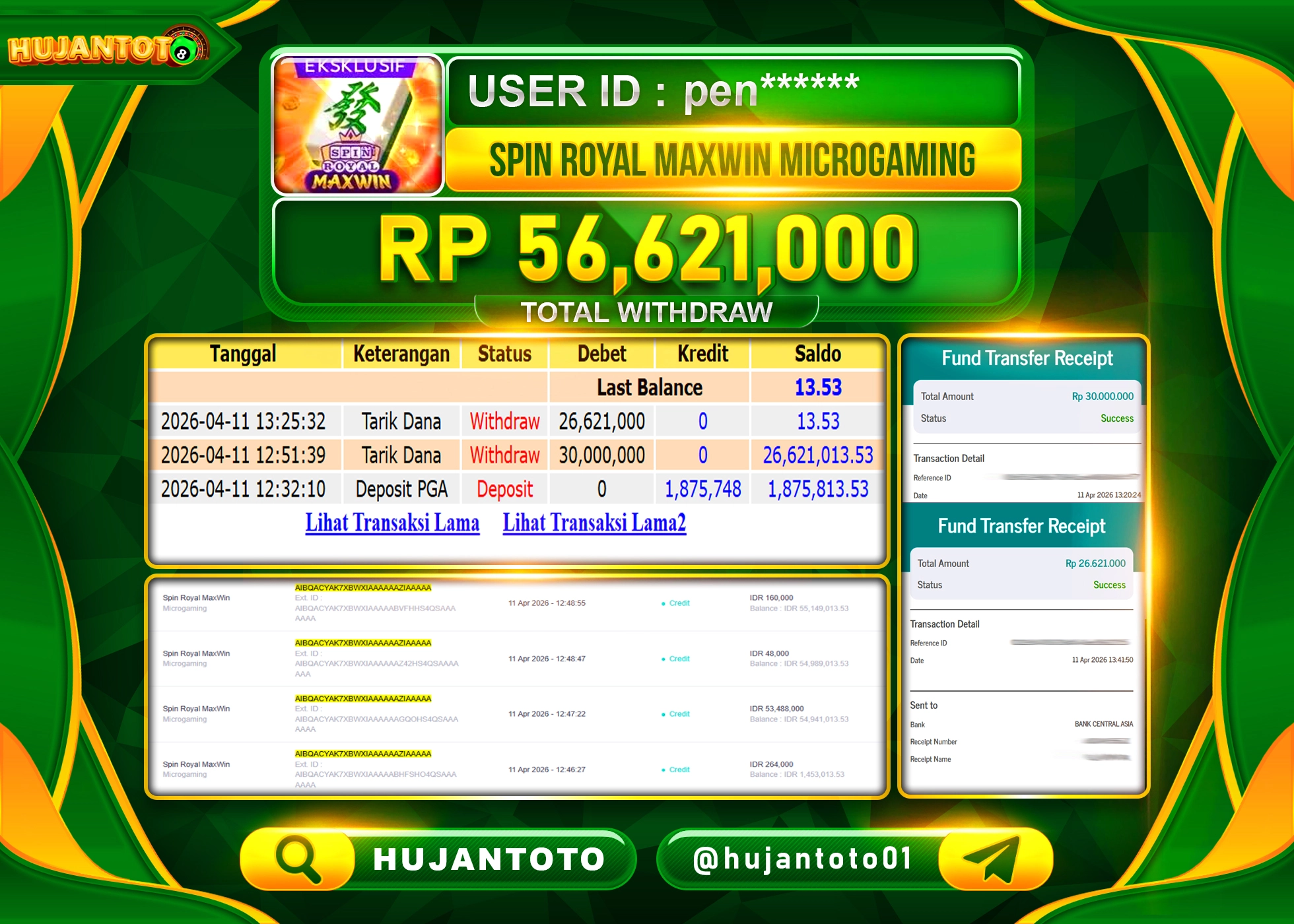 HUJANTOTO - BUKTI JACKPOT MENANG SLOT SPIN ROYAL MAXWIN Rp.56,621,000 - TERBAYAR LUNAS