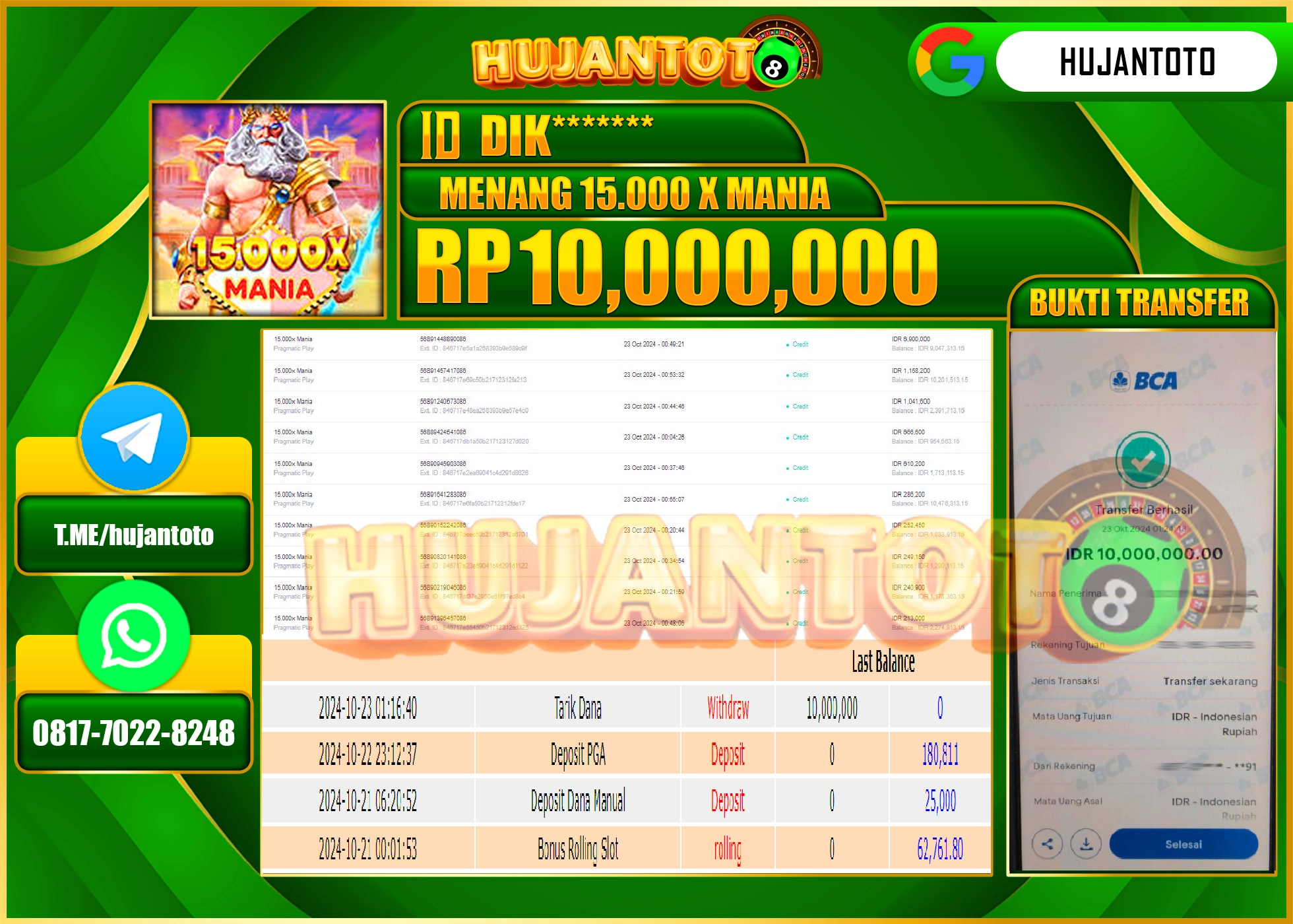HUJANTOTO MENANG DI PERMAINAN SLOT PRAGMATIC PLAY 15.000 X MANIA - 10,000,000 - LUNAS