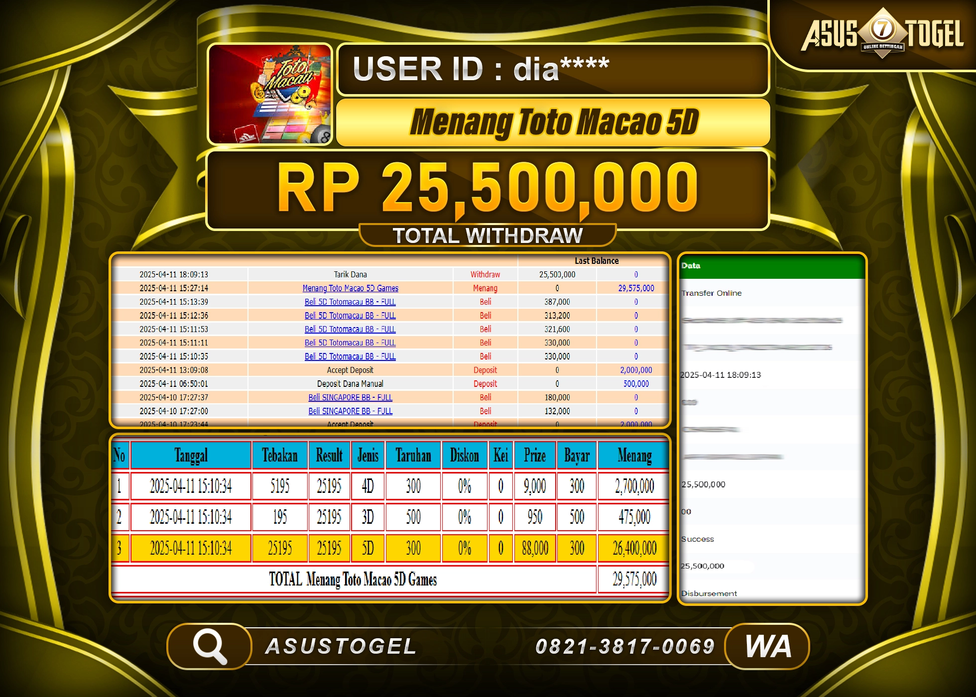 ASUSTOGEL KEMENANGAN DI TOGEL TOTO MACAU 5D SEBESAR 25,500,000- RUPIAH LUNAS