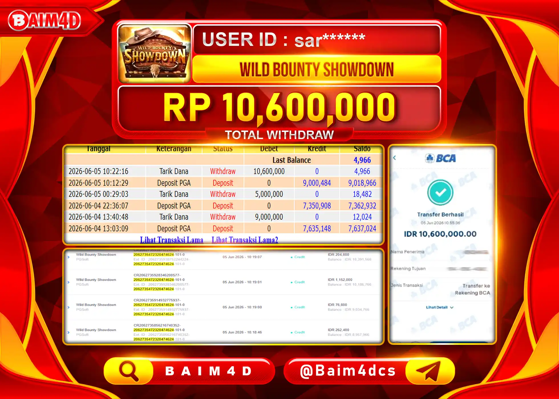 BAIM4D JACKPOT WILD BOUNTY SHOWDOWN Rp.10,600,000 - LUNAS