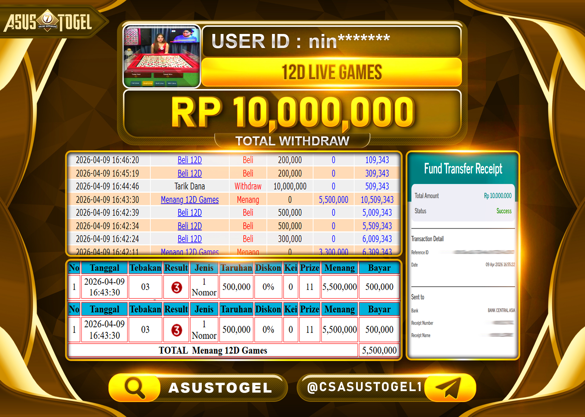ASUSTOGEL KEMENANGAN JACKPOT DI PERMAINAN CASINO 12 D LIVE GAMES SEBESAR Rp.10,000,000 - RUPIAH LUNAS