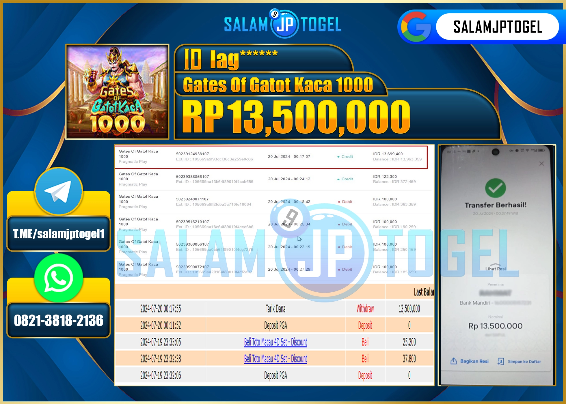 SALAMJPTOGEL MENANG GATES OF GATOTKACA 1000 RP. 13,500,000.,LUNAS