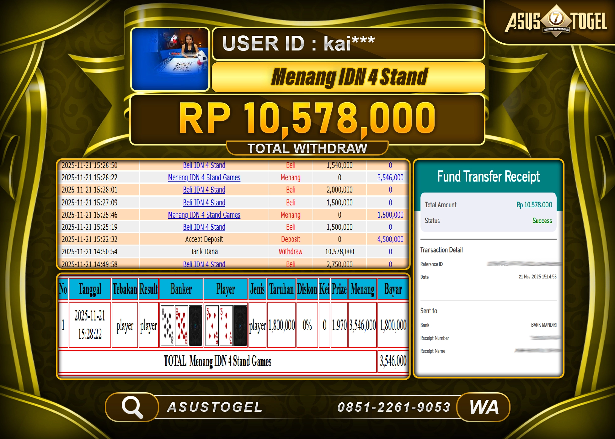 ASUSTOGEL KEMENANGAN DI LIVE GAMES IDN 4 STAND SEBESAR 10,578,000 - RUPIAH LUNAS