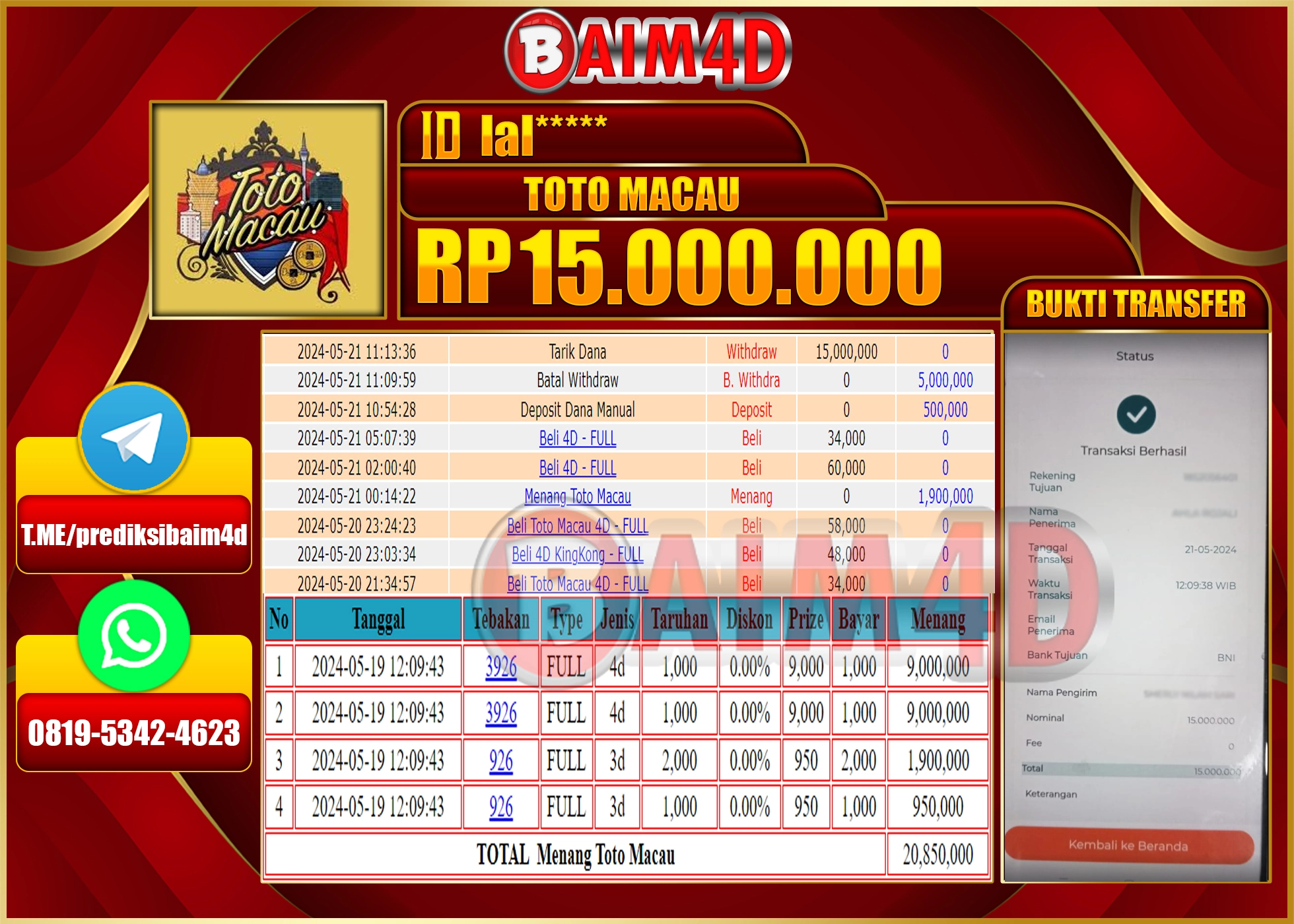 BAIM4D JACKPOT TOTO MACAU Rp.15.000,000.,- LUNAS