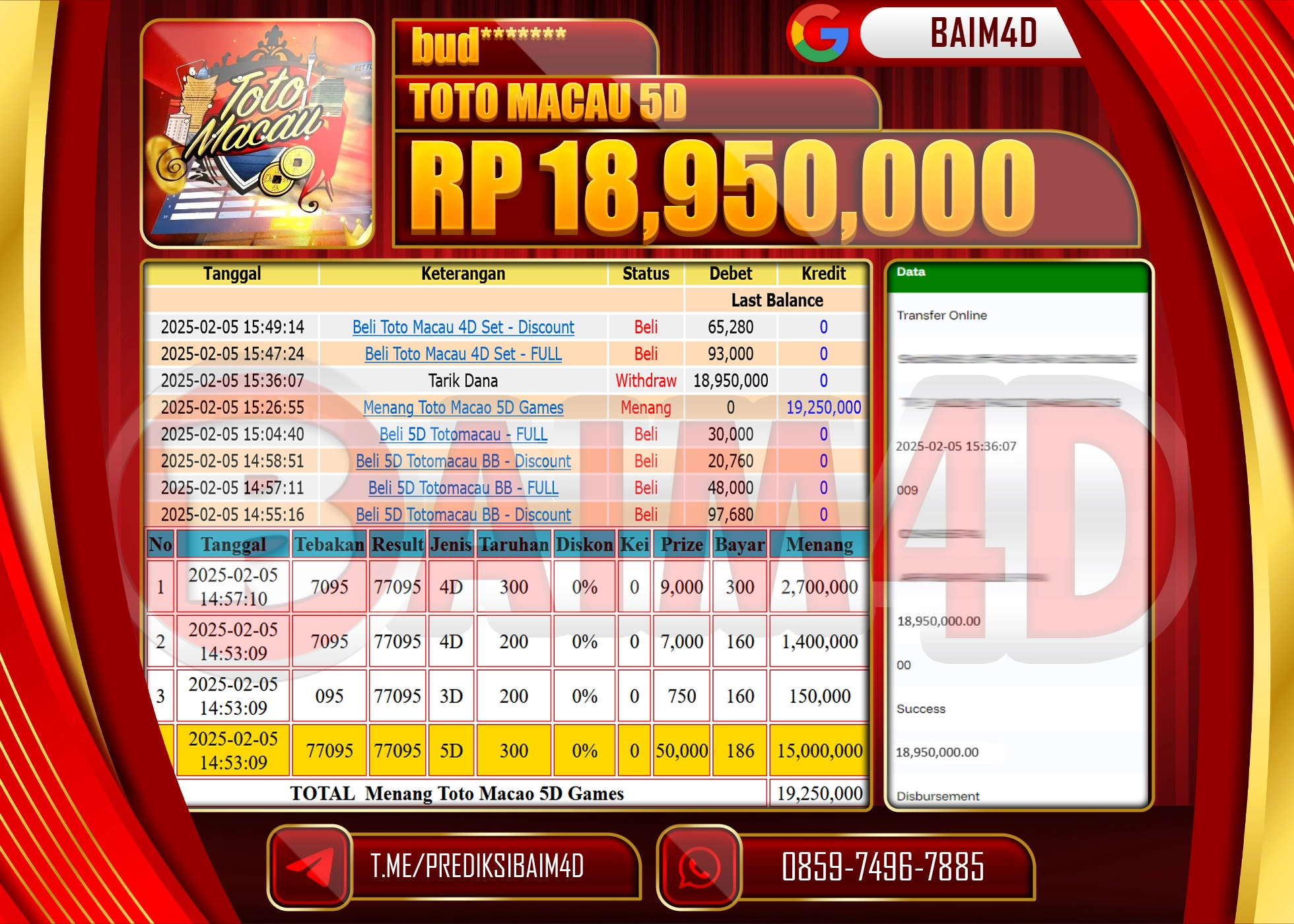 BAIM4D JACKPOT MENANG TOTO MACAU 5D GAMES Rp.18.950,000.- LUNAS