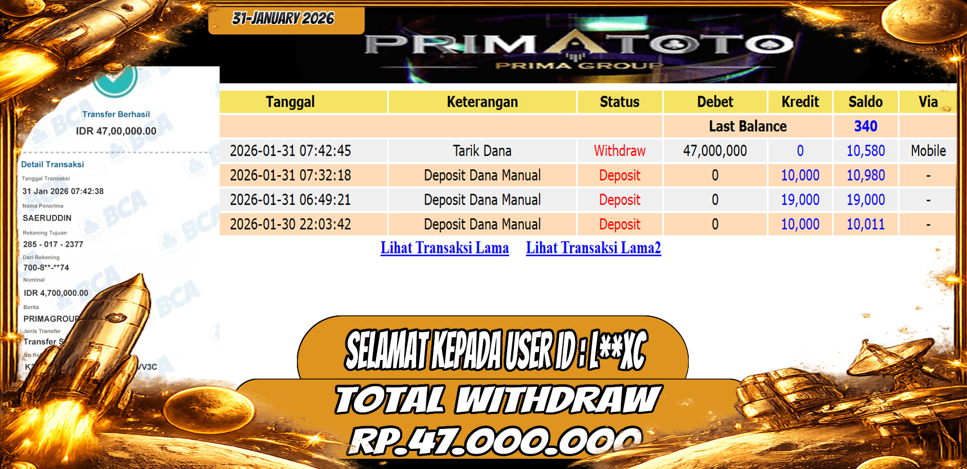 PRIMATOTO-JACKPOT SLOT GAME MAHJONG WAYS 3 WIN HINGGA 47 JUTA, 31 JANUARI 2026