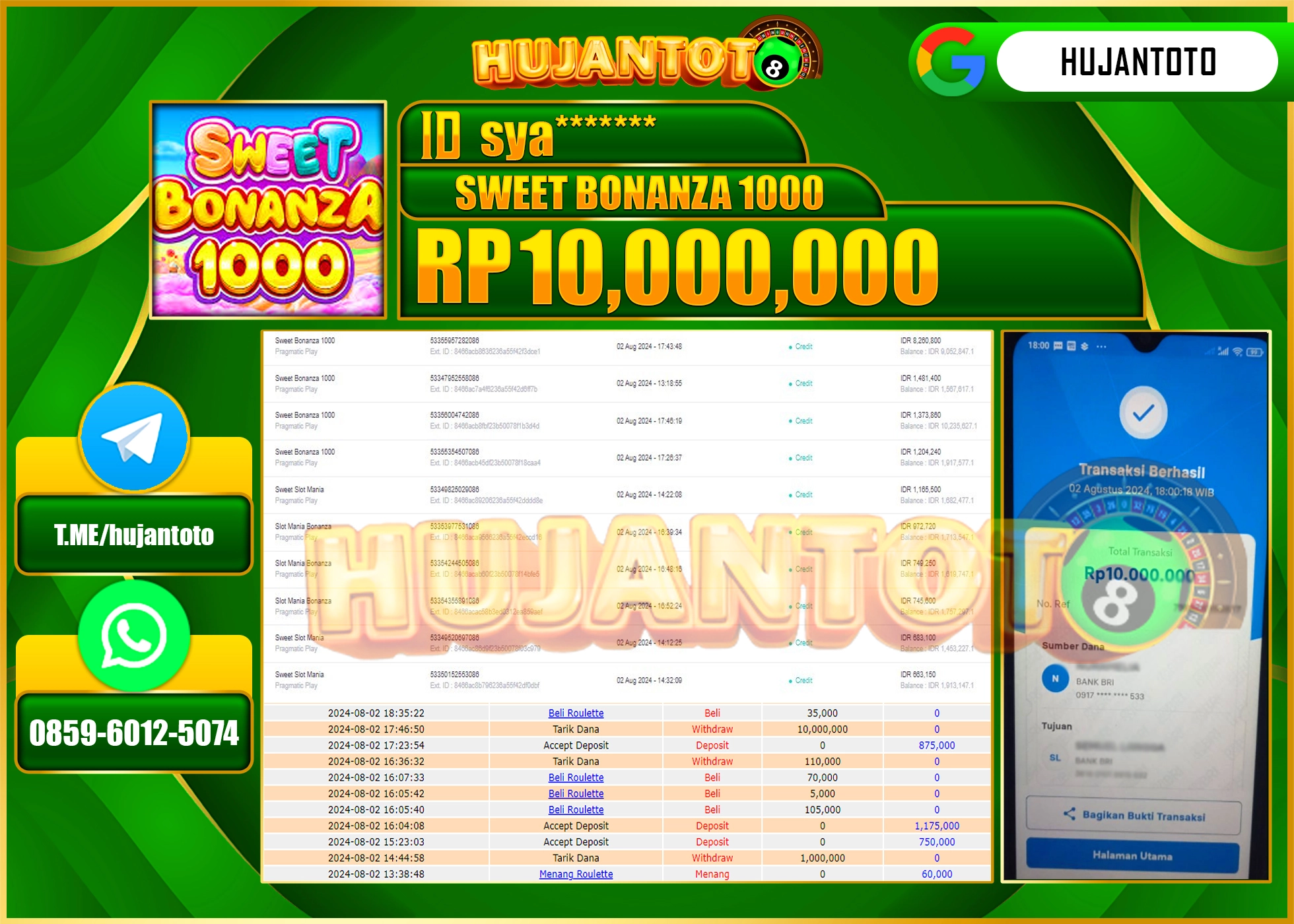 HUJANTOTO MENANG BESAR DI PERMAINAN SLOT SWEET BONAZA 1000, 10.000.000 - LUNAS 