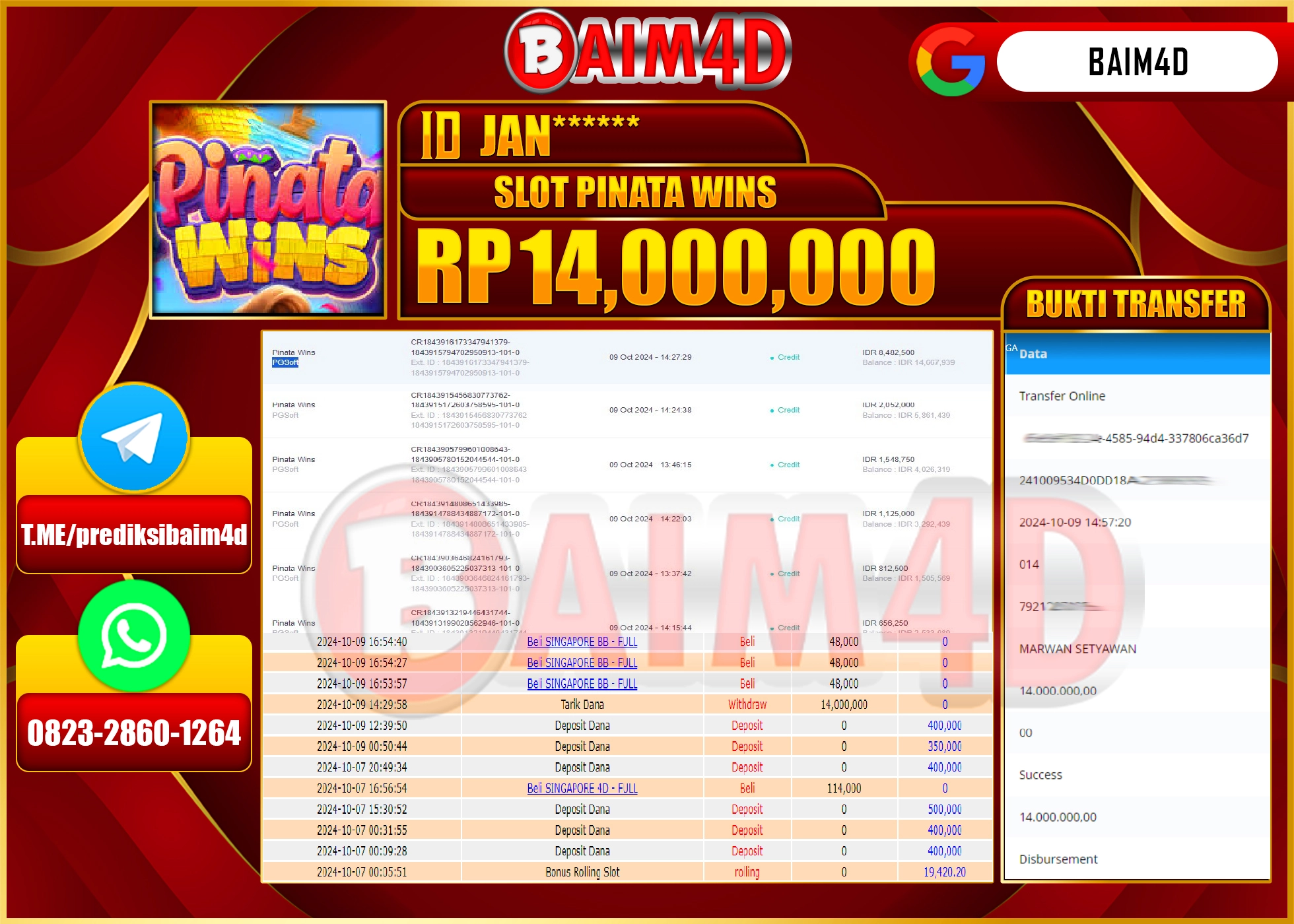 BAIM4D JACKPOT Pinata Wins (PGSoft) Rp.14,000,000.- LUNAS