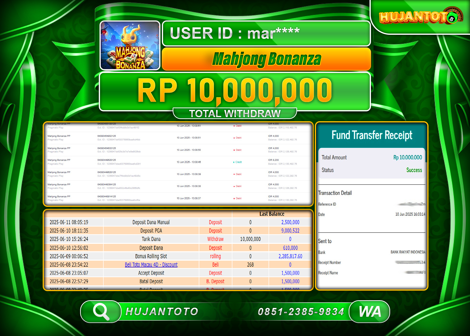 HUJANTOTO - BUKTI JACKPOT MENANG SLOT MAHJONG BONANZA Rp.10,000,000 - TERBAYAR LUNAS