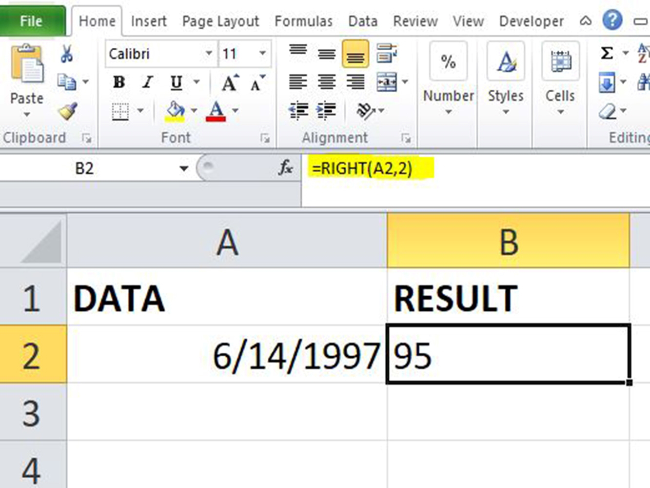Screenshot of the Excel formula for RIGHT function getting DATE substring