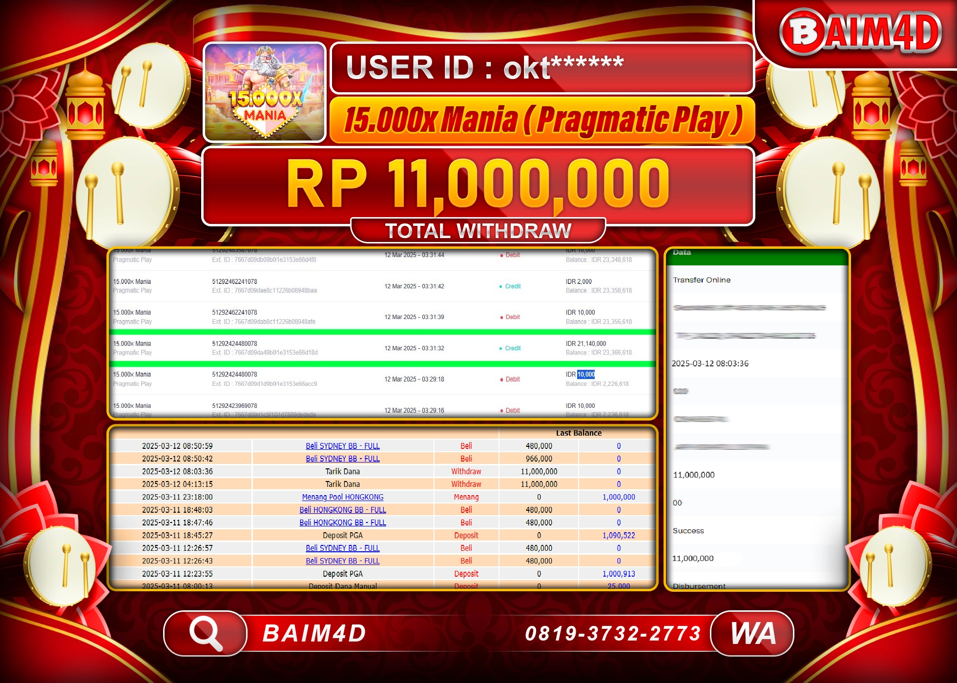 BAIM4D JACKPOT 15.000X Mania (PRAGMATIC PLAY)  Rp.11.000,000.- LUNAS