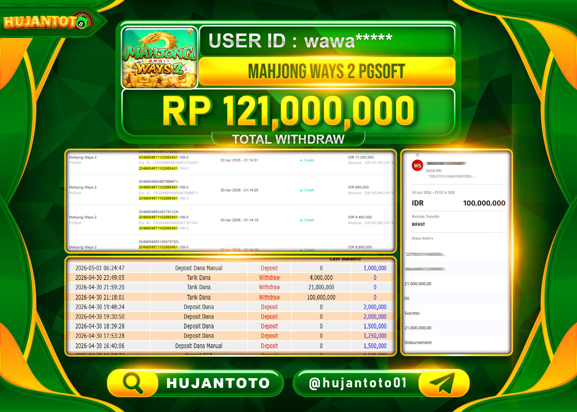 HUJANTOTO - BUKTI JACKPOT MENANG SLOT MAHJONG WAYS 2 Rp.121,000,000 - TERBAYAR LUNAS