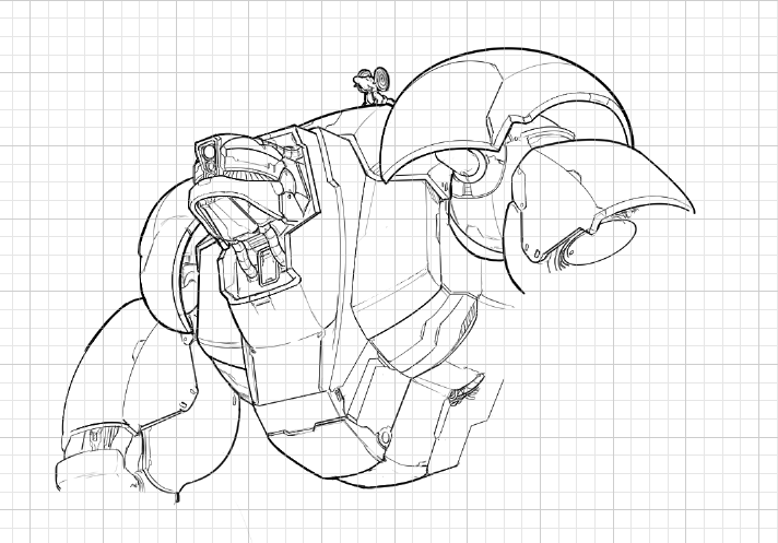 Thisbe's head visible on top of Mow, in the partially completed linework