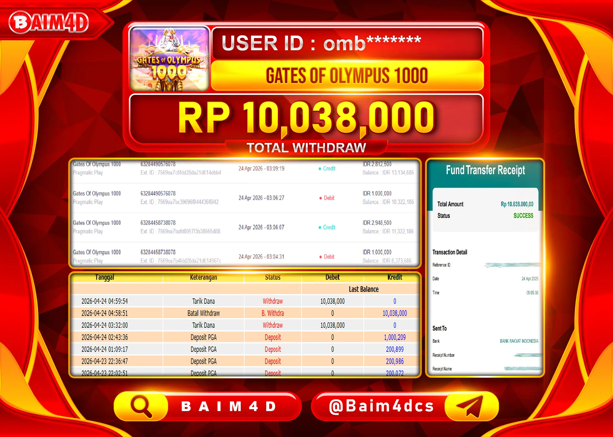 BAIM4D JACKPOT  SLOT GATES OF OLYMPUS 1000 Rp.10,038,000 - LUNAS