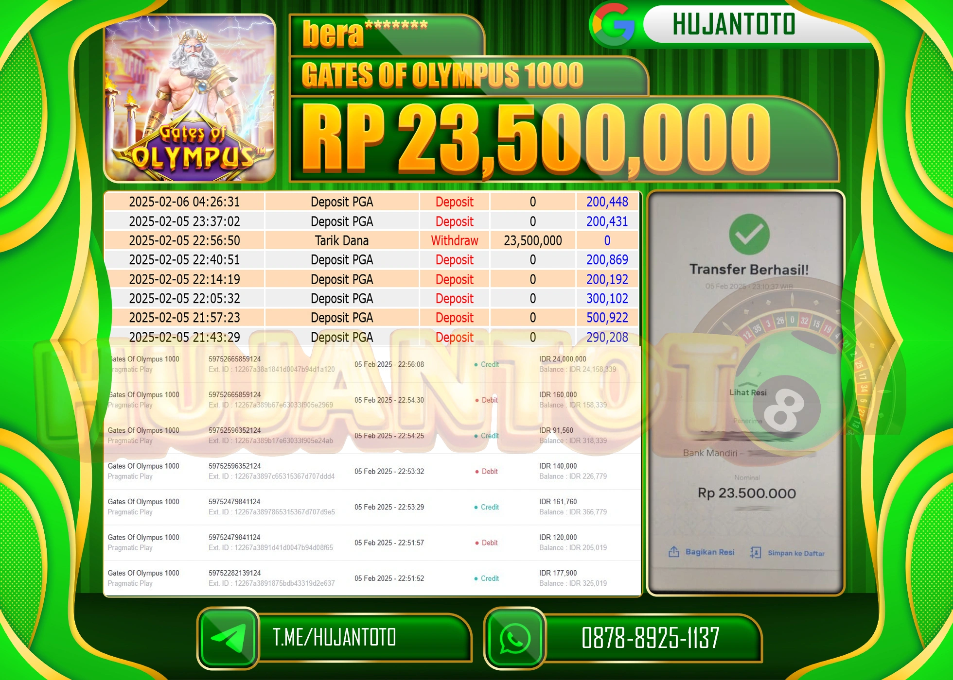 HUJANTOTO - BUKTI JACKPOT MENANG SLOT GATES OF OLYMPUS 1000 Rp,23,500,000 - TERBAYAR LUNAS