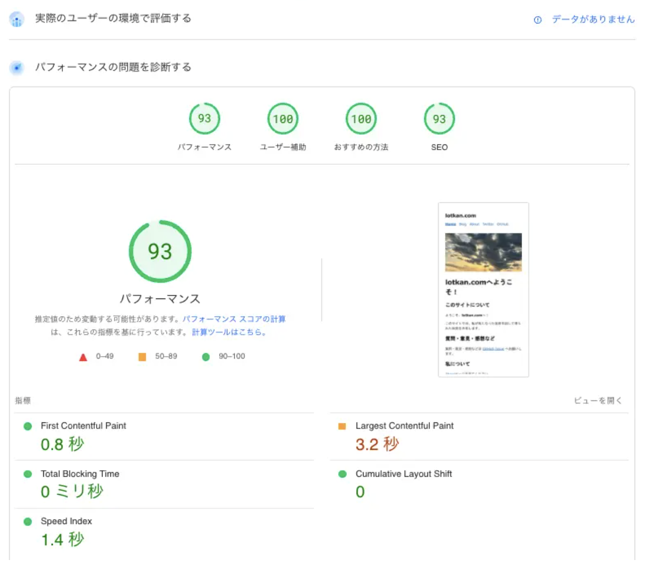 PageSpeed Insightsで93点の画像