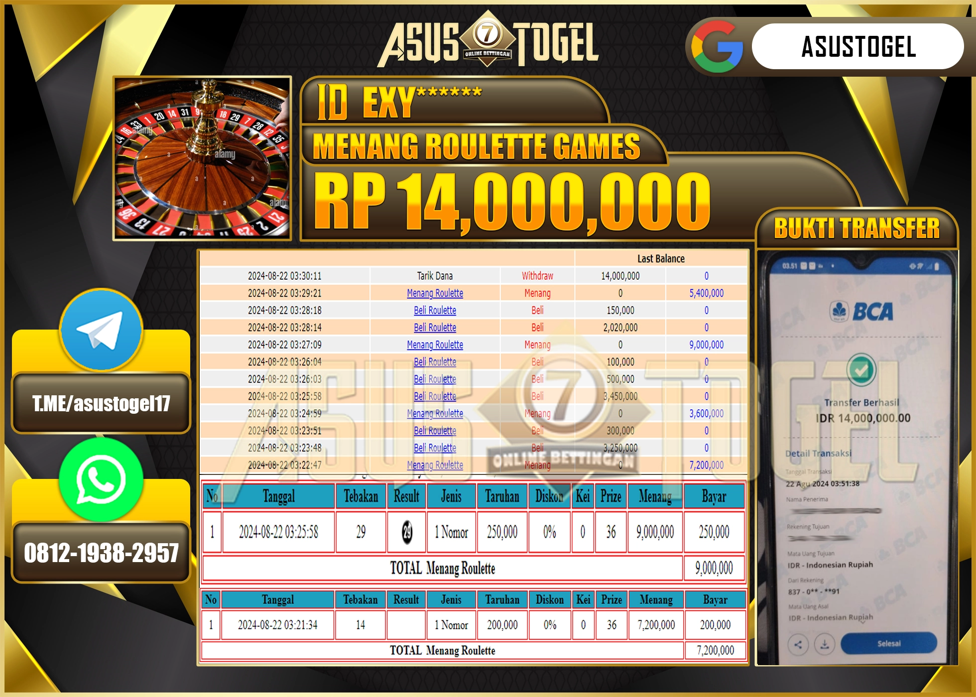 ASUSTOGEL KEMENANGAN DI LIVEGAMES ROULETTE GAMES SEBESAR 14,000,000- RUPIAH LUNAS