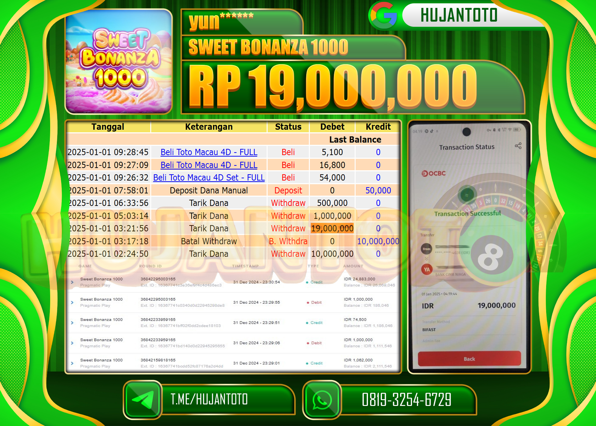HUJANTOTO SELAMAT ATAS KEMENANGAN YANG DI RAIH DI PERMAINAN SLOT SWEET BONANZA 1000 SEBESAR 19,000,000- TERBAYAR LUNAS