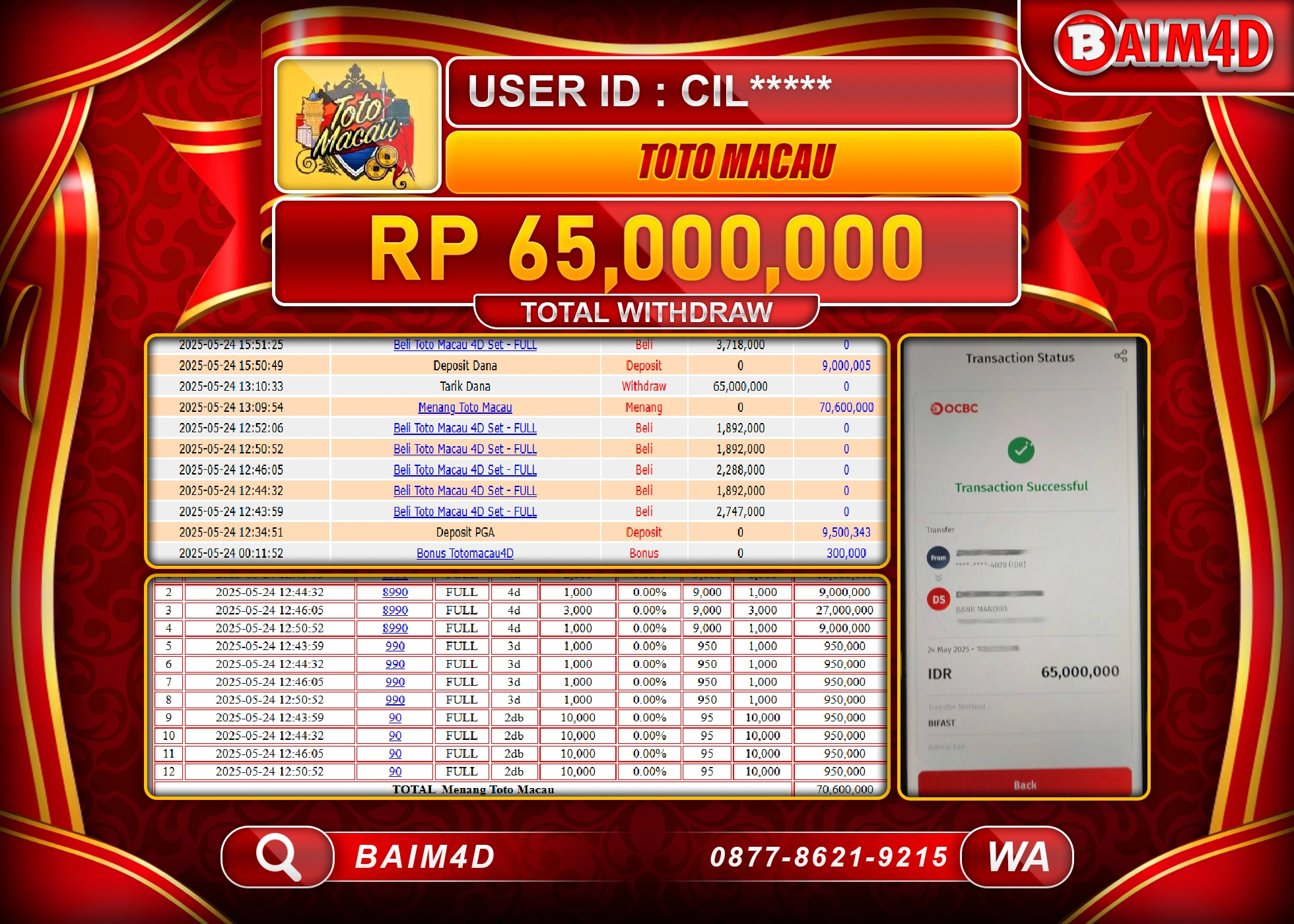 BAIM4D MENANG JACKPOT TOGEL TOTO MACAU 4D Rp65,000,000 - LUNAS