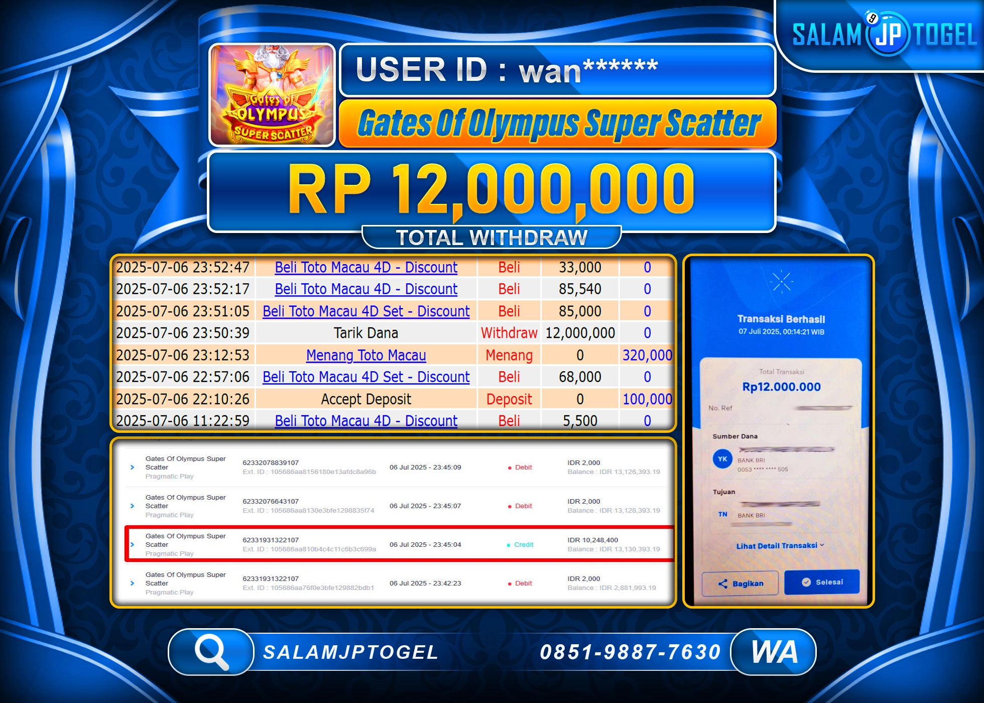 SALAMJPTOGEL MENANG Gates Of Olympus Super Scatter  Rp.12,000,000 LUNAS