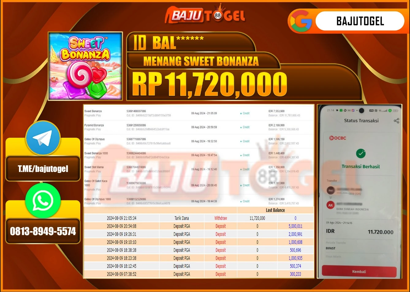 BAJUTOGEL JACKPOT SWEET BONANZA Rp.11.720.000 LUNAS