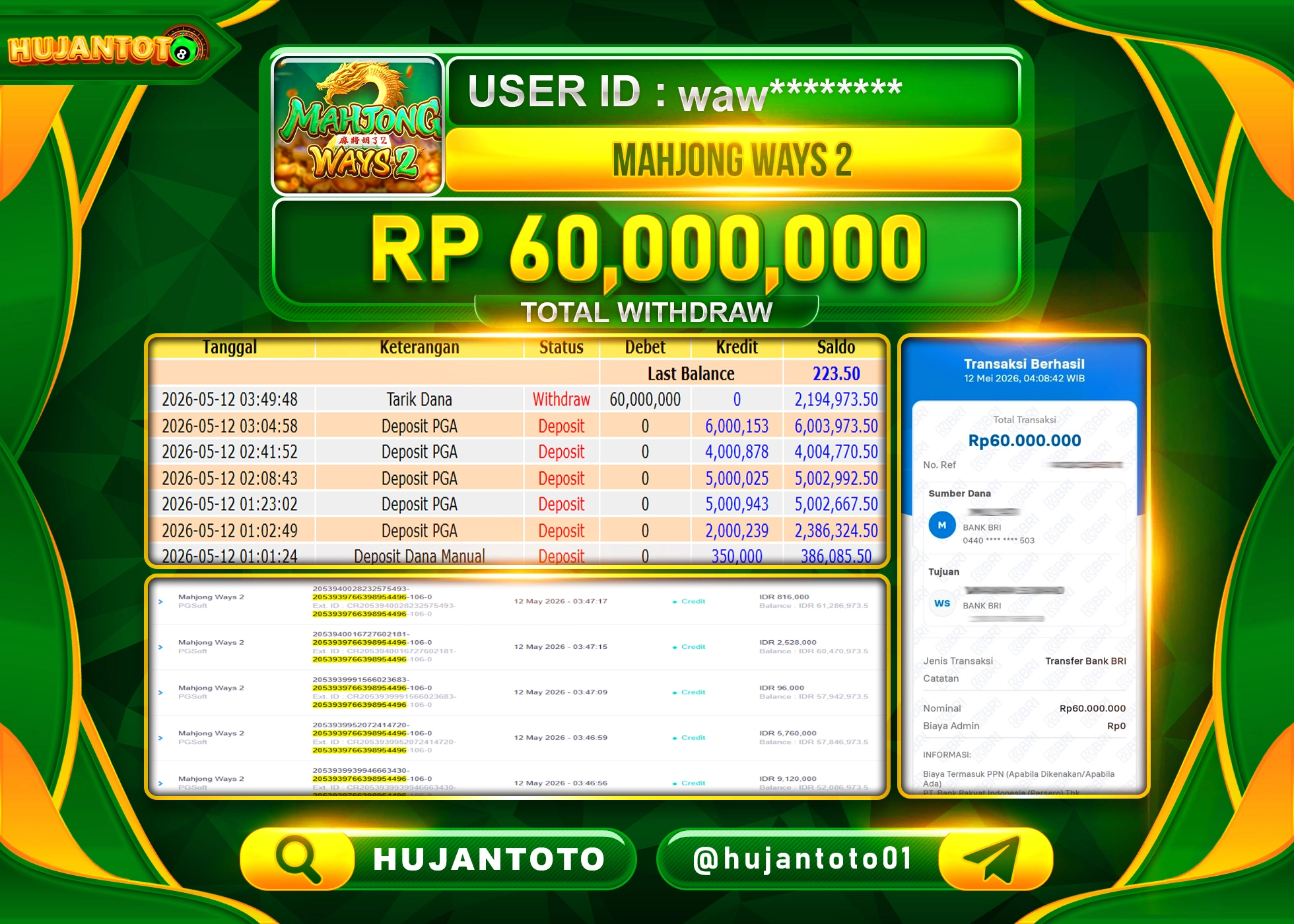 HUJANTOTO - BUKTI JACKPOT MENANG SLOT MAHJONG WAYS 2 PG SOFT Rp.60,0000,000 - TERBAYAR LUNAS
