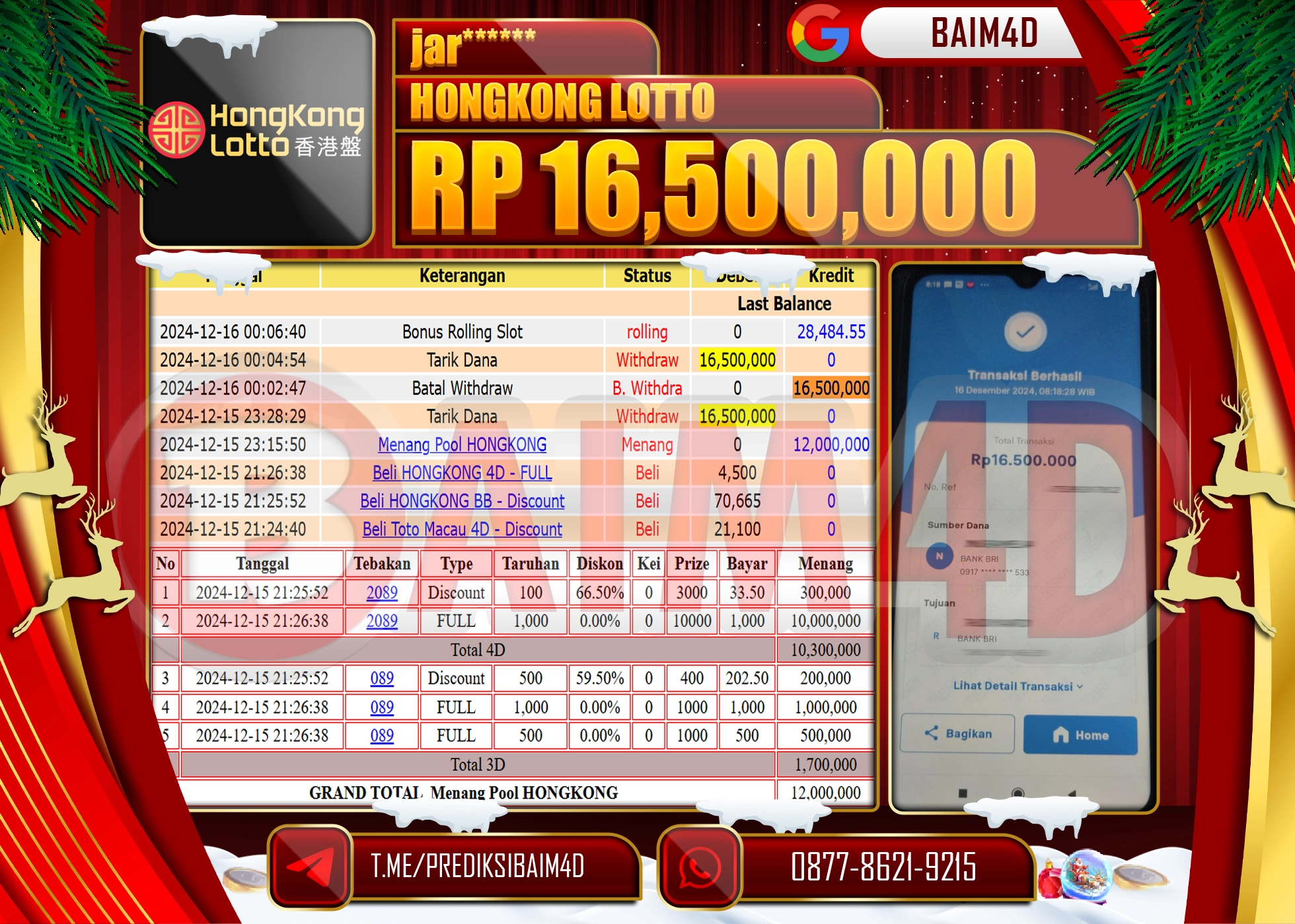 BAIM4D JACKPOT MENANG HONGKONG LOTTO Rp.16.500,000.- LUNAS