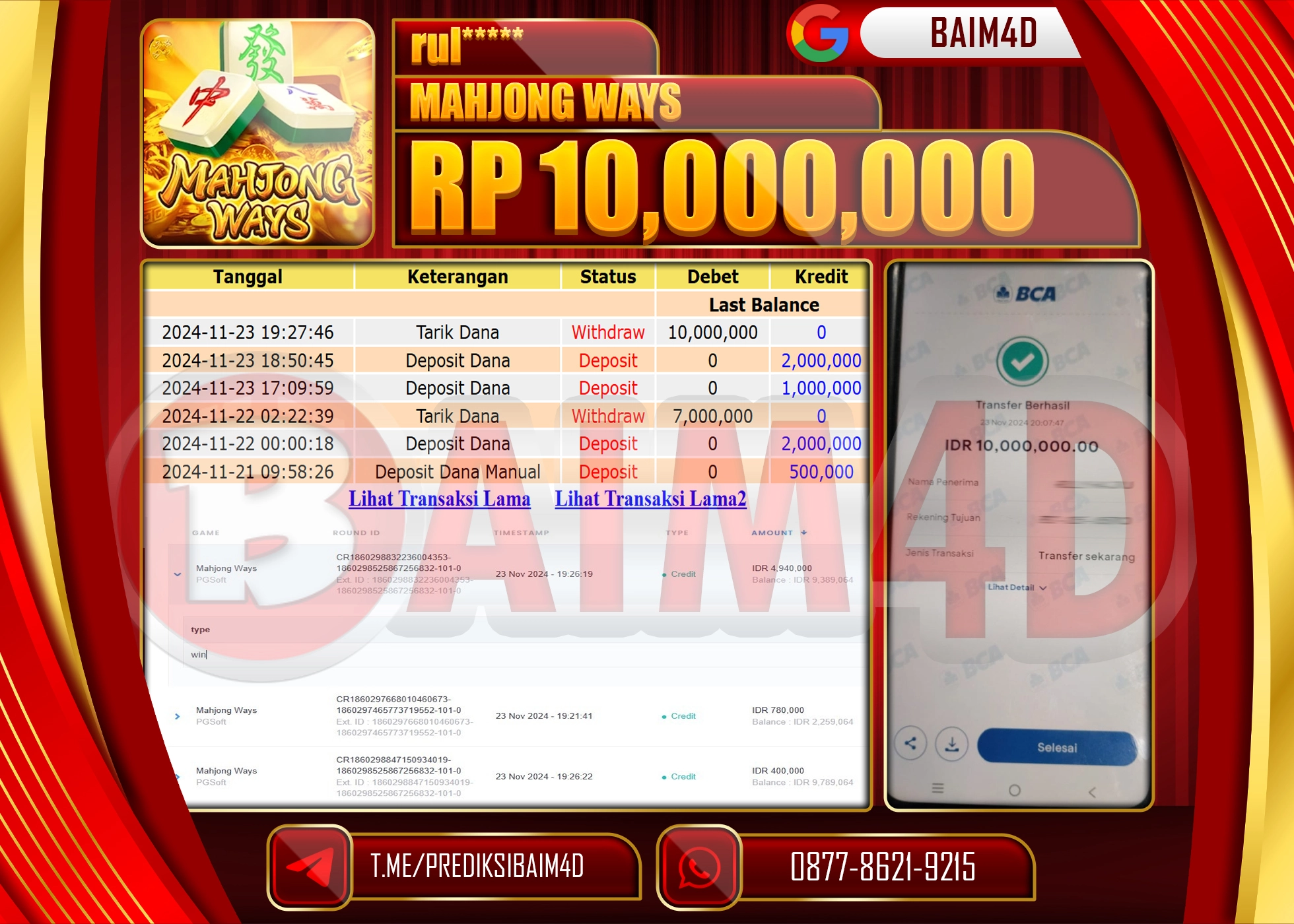 BAIM4D JACKPOT PG SOFT MAHJONG WAYS Rp.10.000,000.- LUNAS