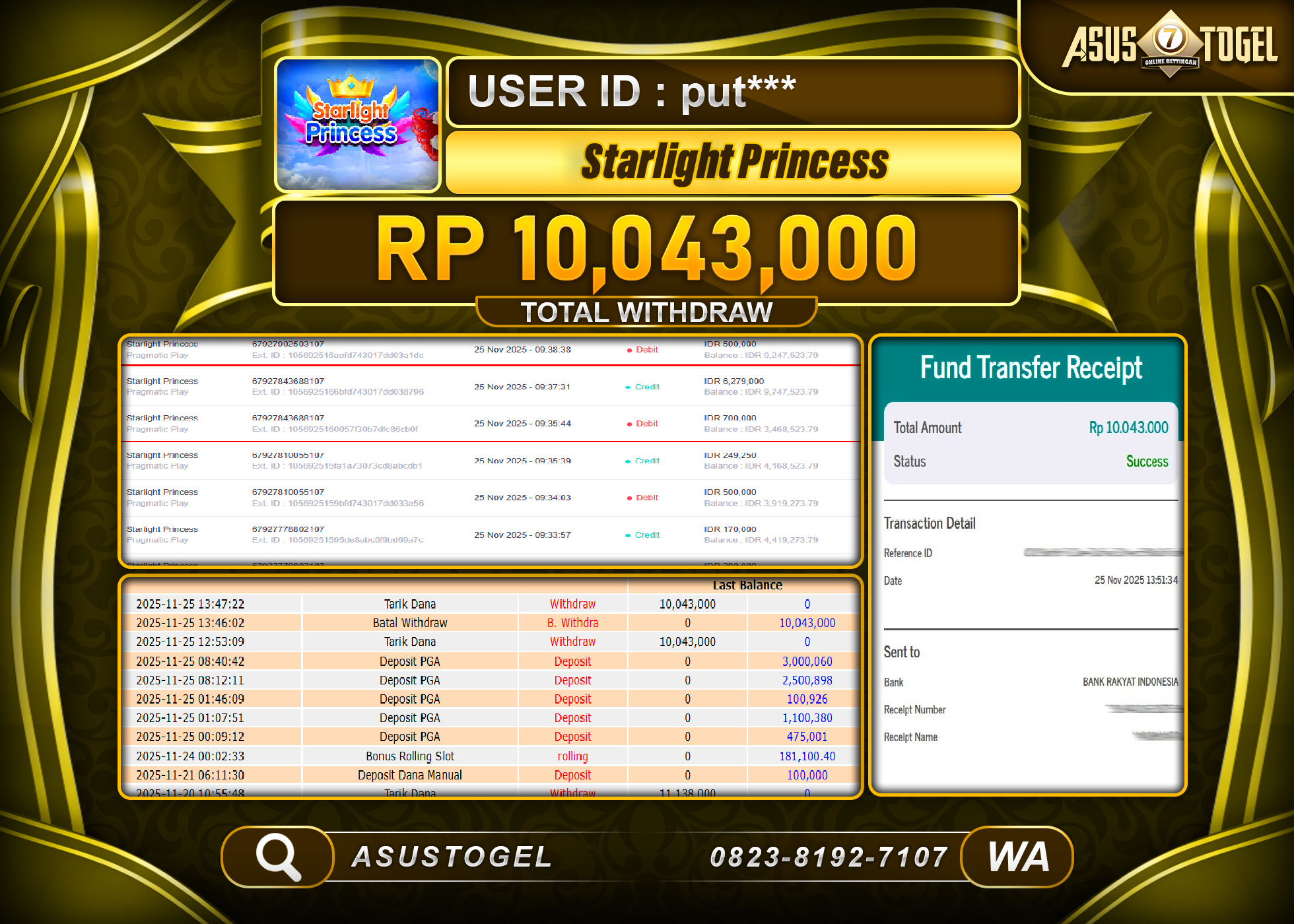 ASUSTOGEL KEMENANGAN DI SLOT STARLIGHT PRINCESS SEBESAR 10,043,000 - RUPIAH LUNAS