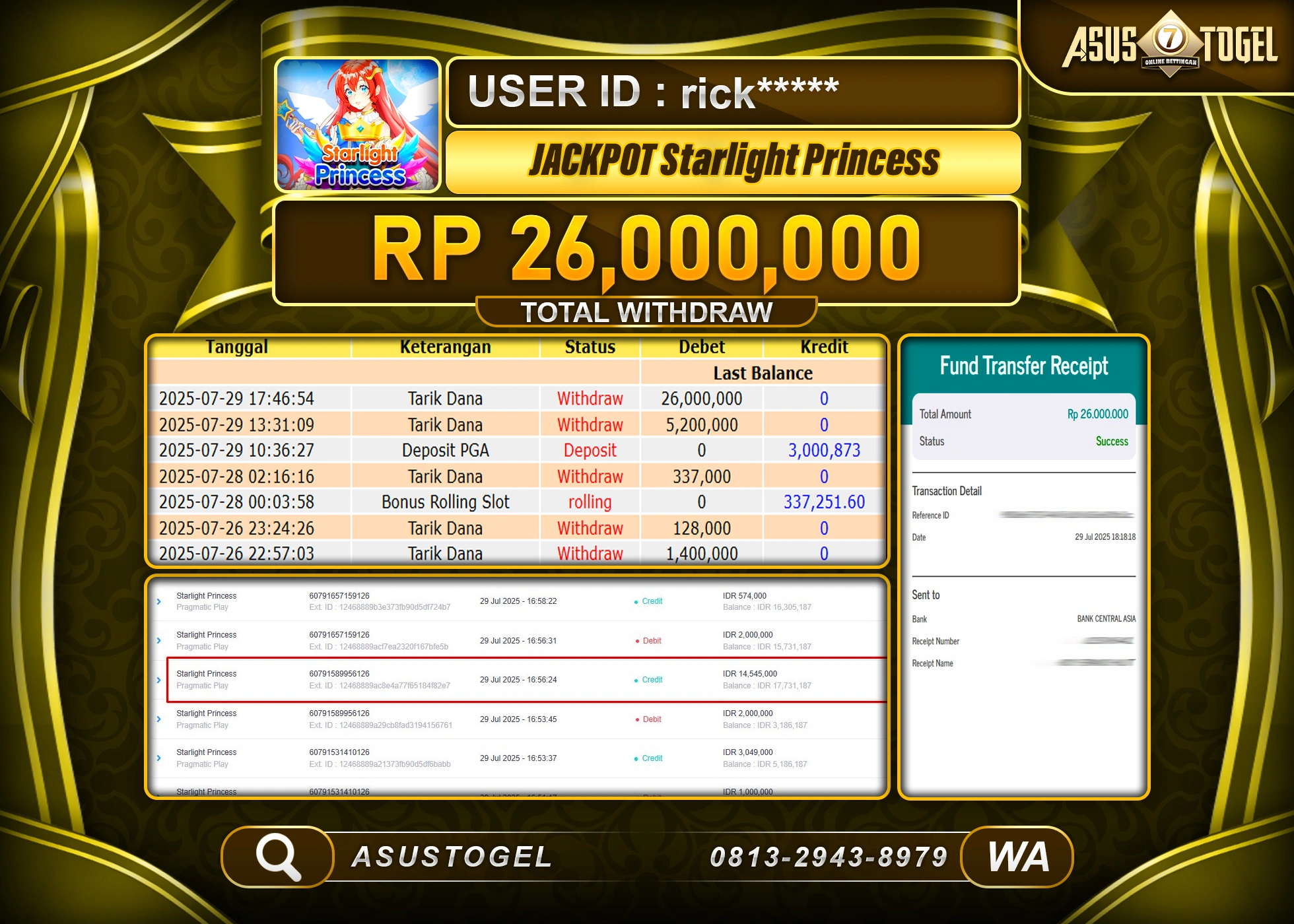 ASUSTOGEL KEMENANGAN DI SLOT STARLIGHT PRINCESS SEBESAR 26,000,000- RUPIAH LUNAS