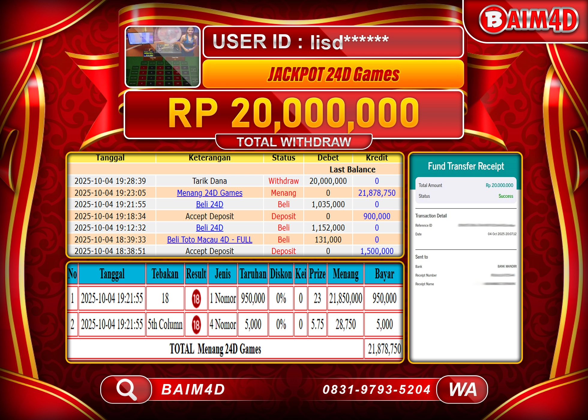 BAIM4D JACKPOT LIVE CASINO 24D IDN LIVE Rp.20,000,000.- LUNAS