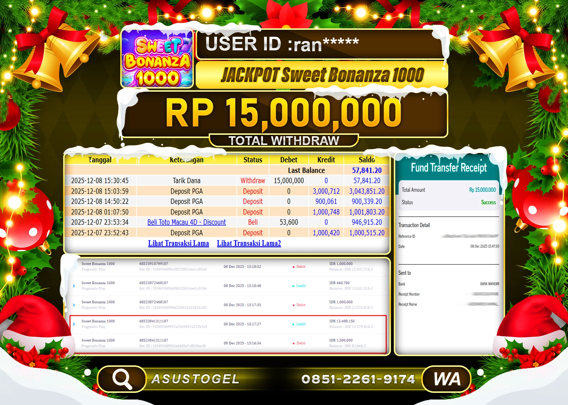ASUSTOGEL KEMENANGAN DI SLOT SWEET BONANZA 1000 SEBESAR 15,000,000 - RUPIAH LUNAS