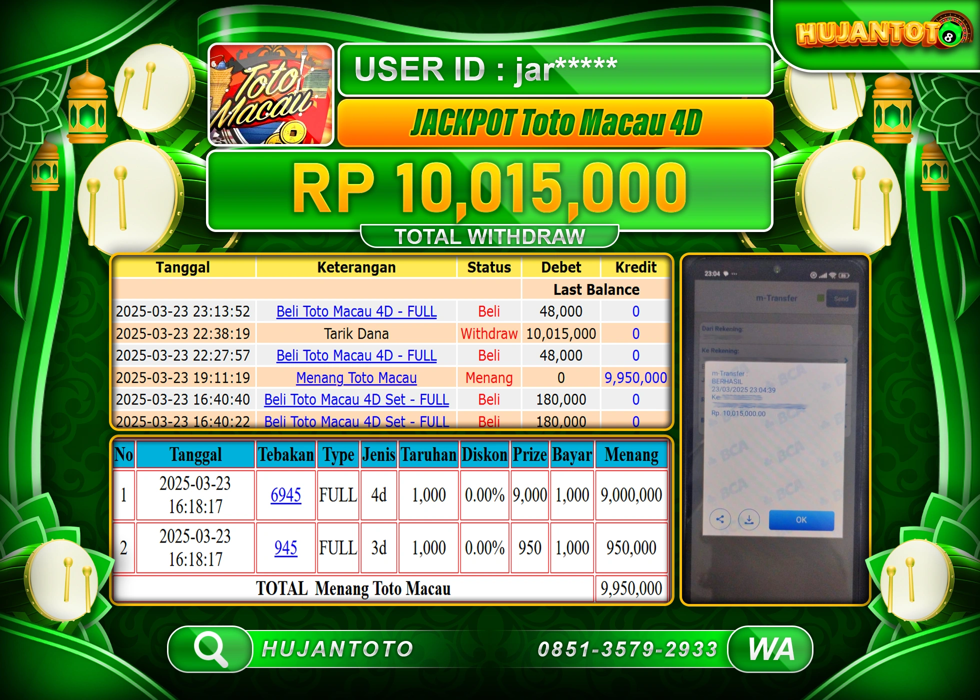 HUJANTOTO - BUKTI JACKPOT MENANG TOGEL TOTO MACAU 4D Rp,10,015,000- TERBAYAR LUNAS