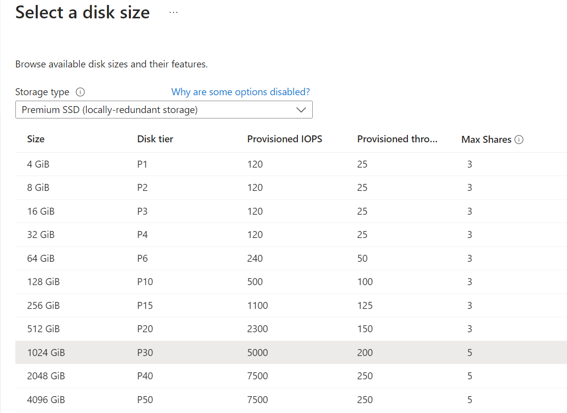 Select a disk size