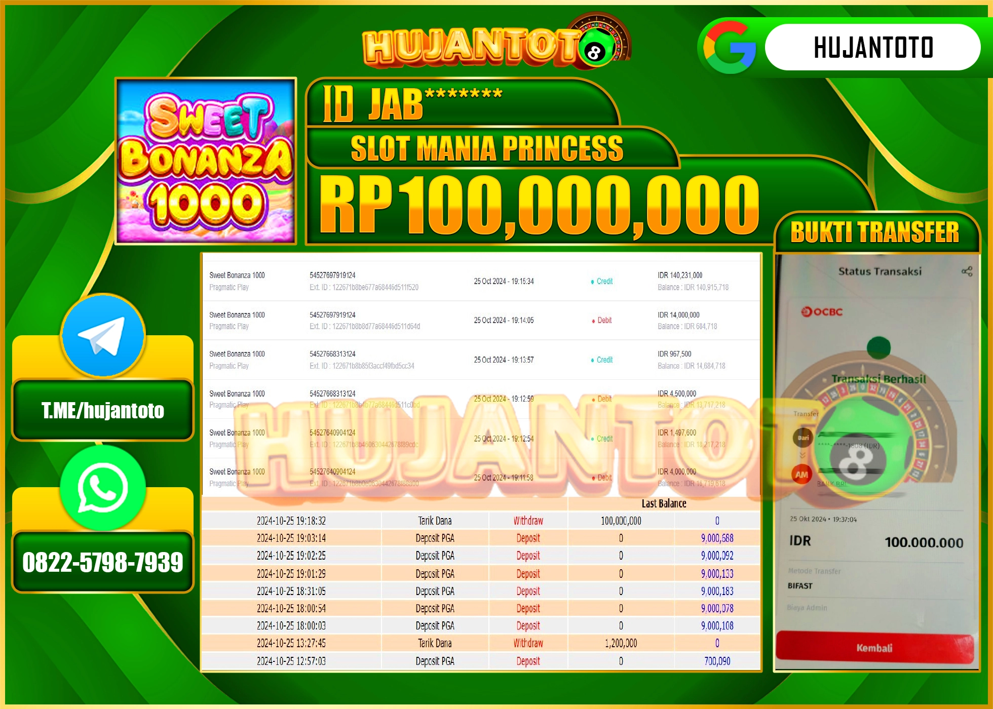 HUJANTOTO MENANG DI PERMAINAN SLOT SWEET BONANZA 1000 - 100,000,000 - LUNAS
