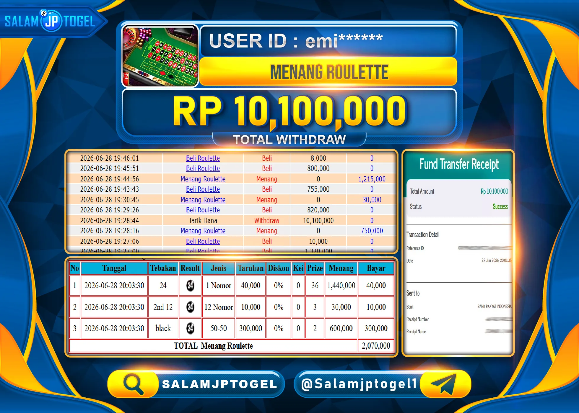 SALAMJPTOGEL Menang LIVE GAMES GACOR JACKPOT ROULETTE Rp.10,100,000- LUNAS