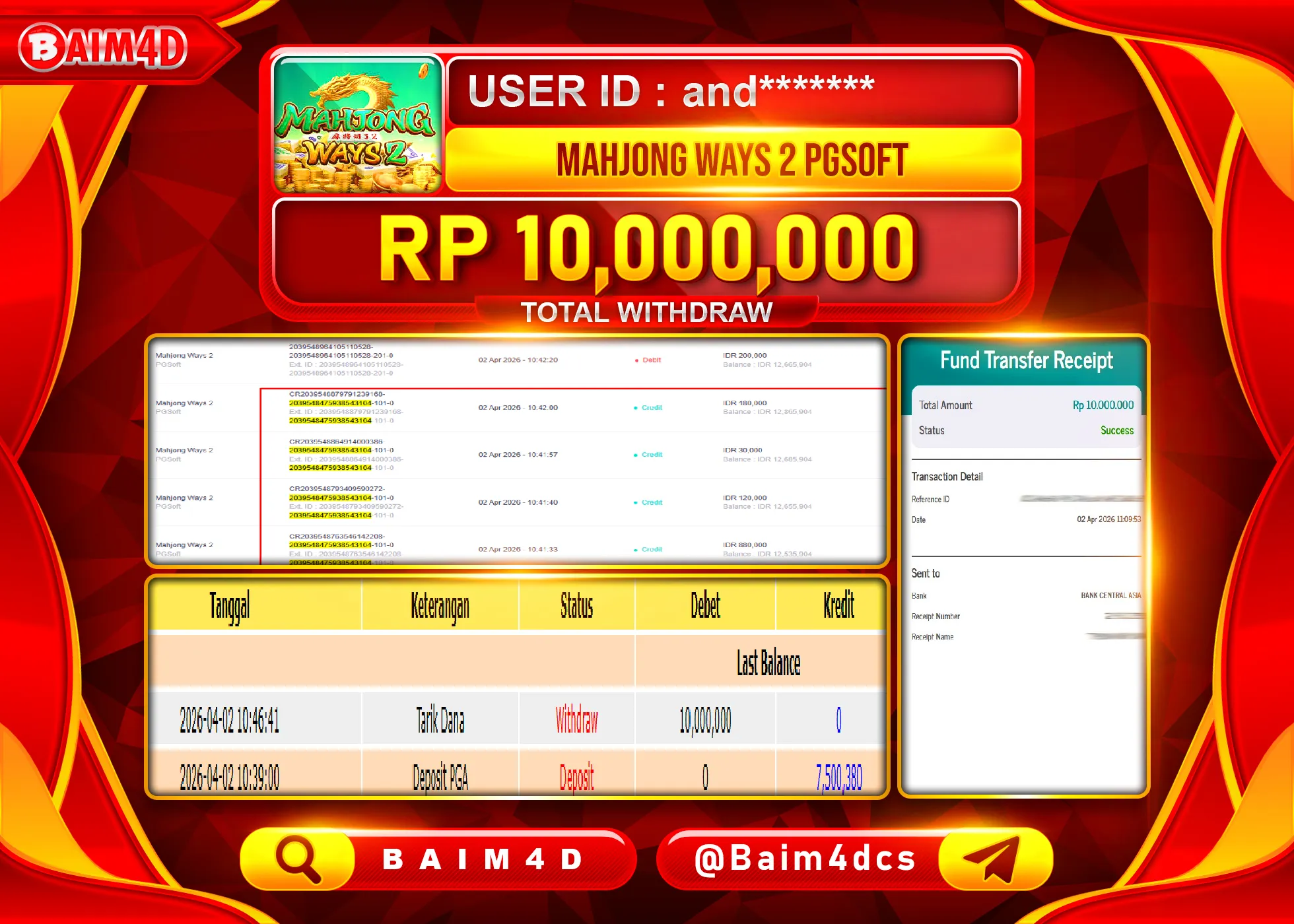 BAIM4D JACKPOT  SLOT MAHJONG WAYS Rp.10,000,000 - LUNAS