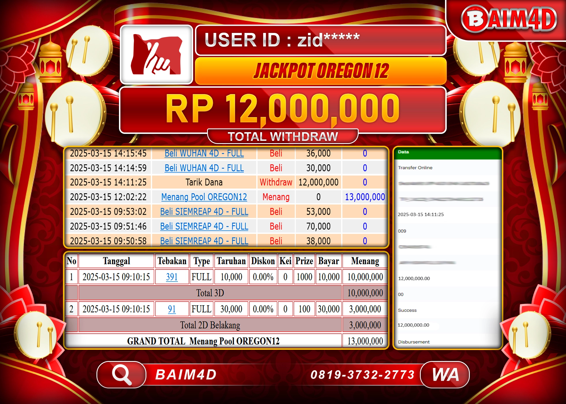 BAIM4D JACKPOT OREGON12  GAMES Rp.12.000,000.- LUNAS
